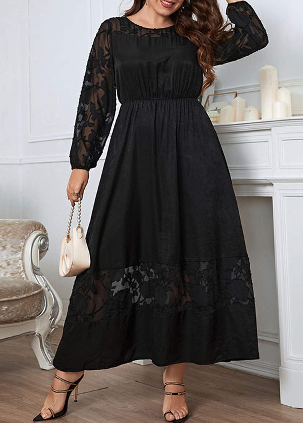 Black Plus Size Patchwork Long Sleeve Maxi Dress