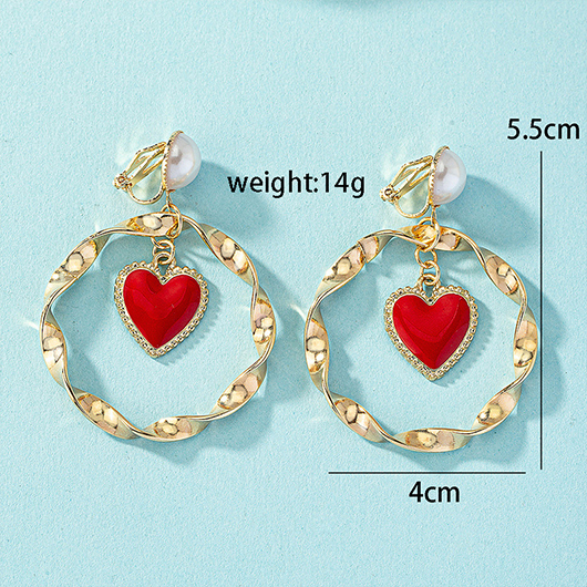 Red Geometric Gold Heart Alloy Earrings