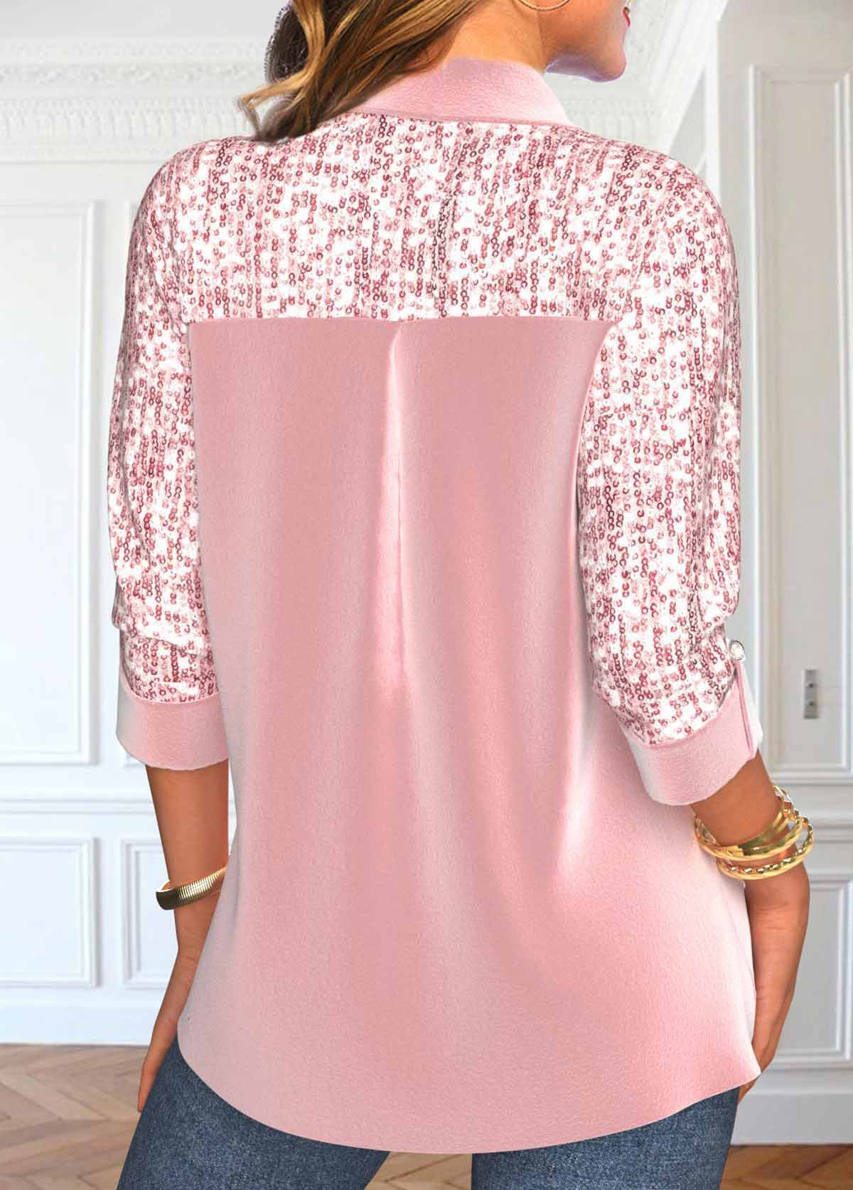 Sequin Light Pink Three Quarter Length Sleeve Blouse