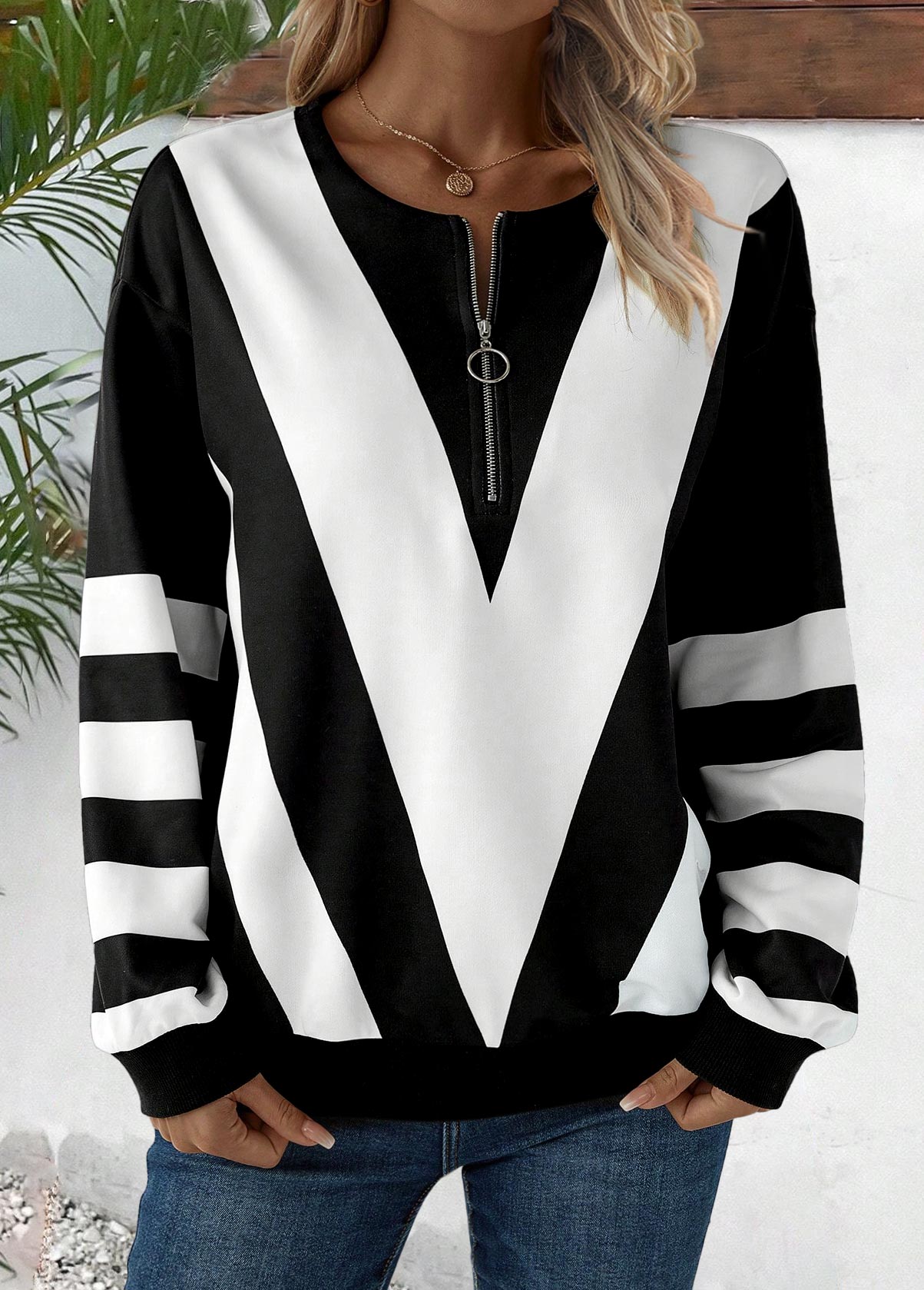 Striped Zipper Black Long Sleeve Round Neck Sweatshirt