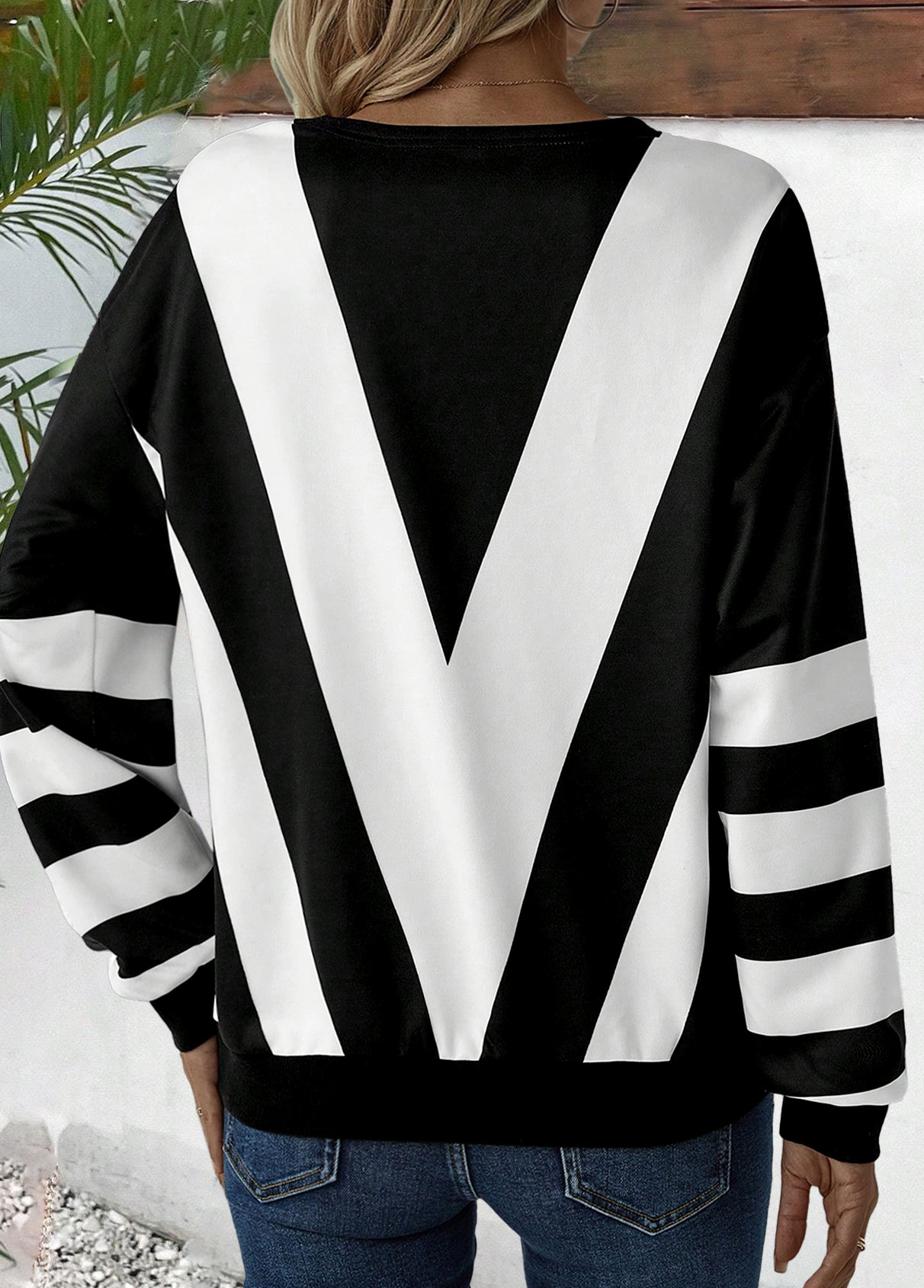 Striped Zipper Black Long Sleeve Round Neck Sweatshirt