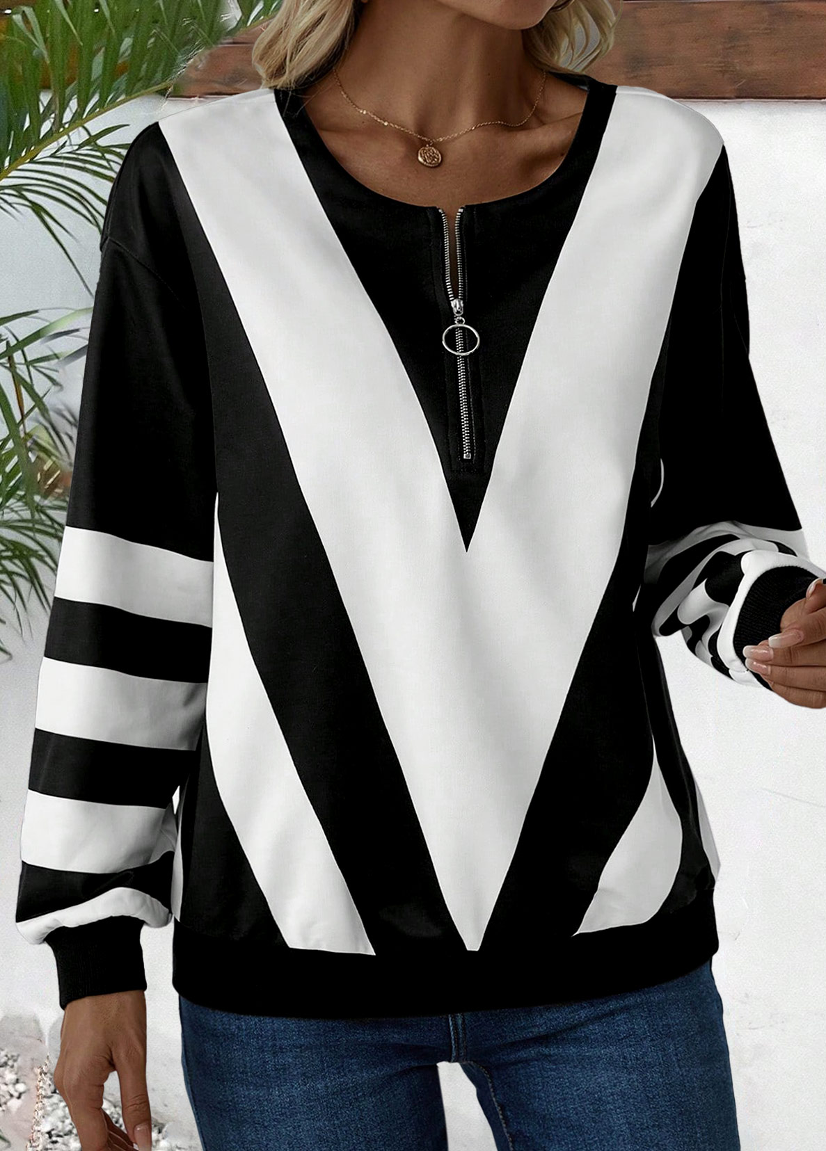 Striped Zipper Black Long Sleeve Round Neck Sweatshirt