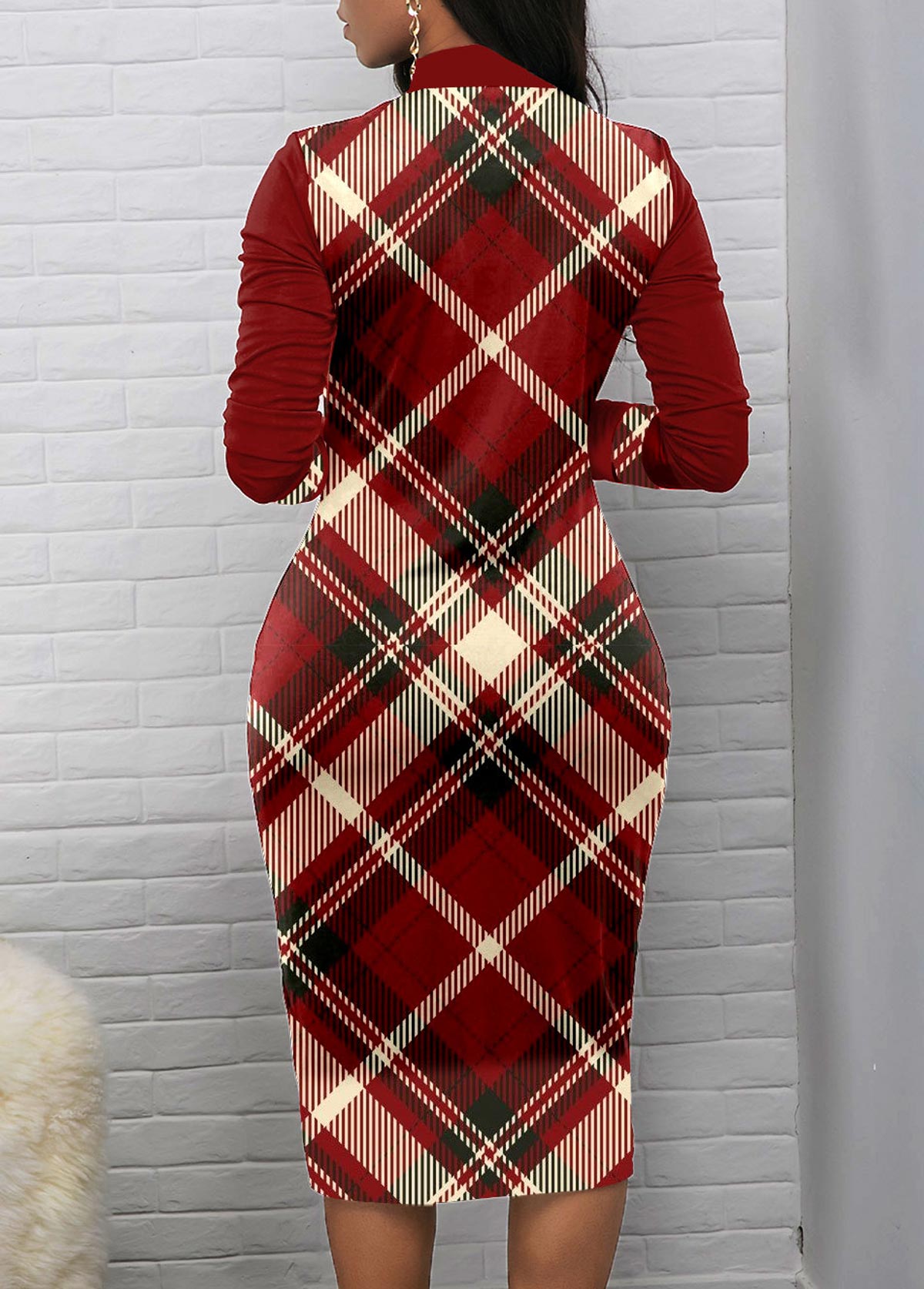 Plaid Zipper Wine Red Long Sleeve Bodycon Dress