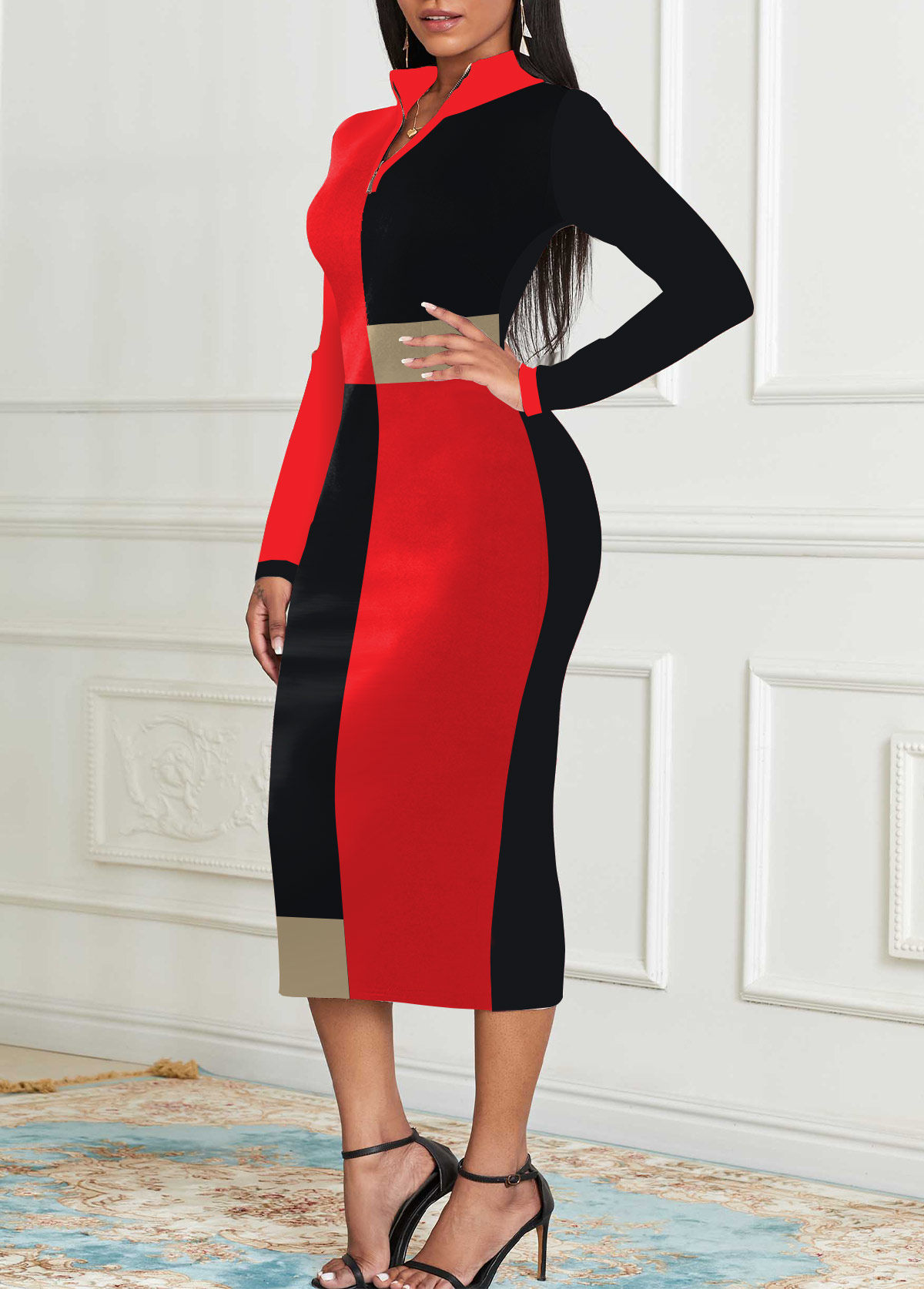 Geometric Print Black Stand Collar Bodycon Dress | Rosewe.com - USD $34.98