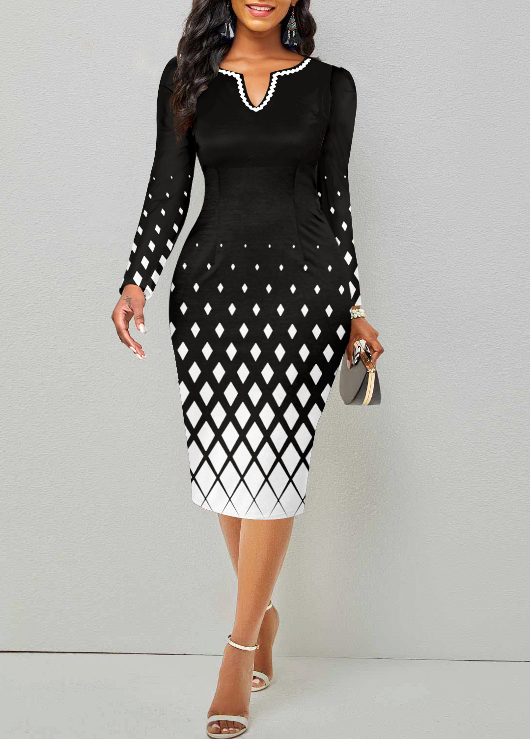 Geometric Print Patchwork Black Long Sleeve Dress