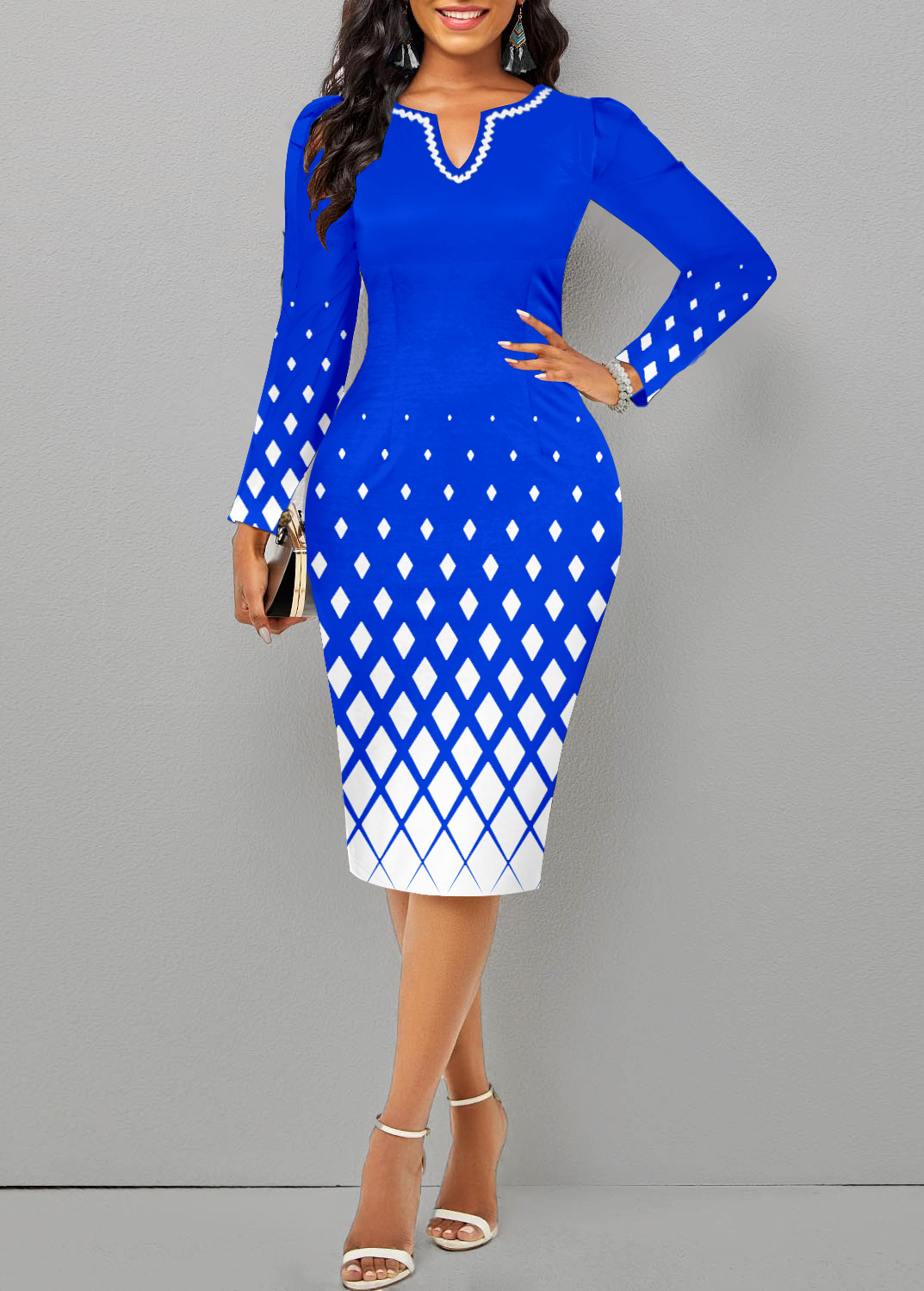 Geometric Print Split Royal Blue Long Sleeve Dress