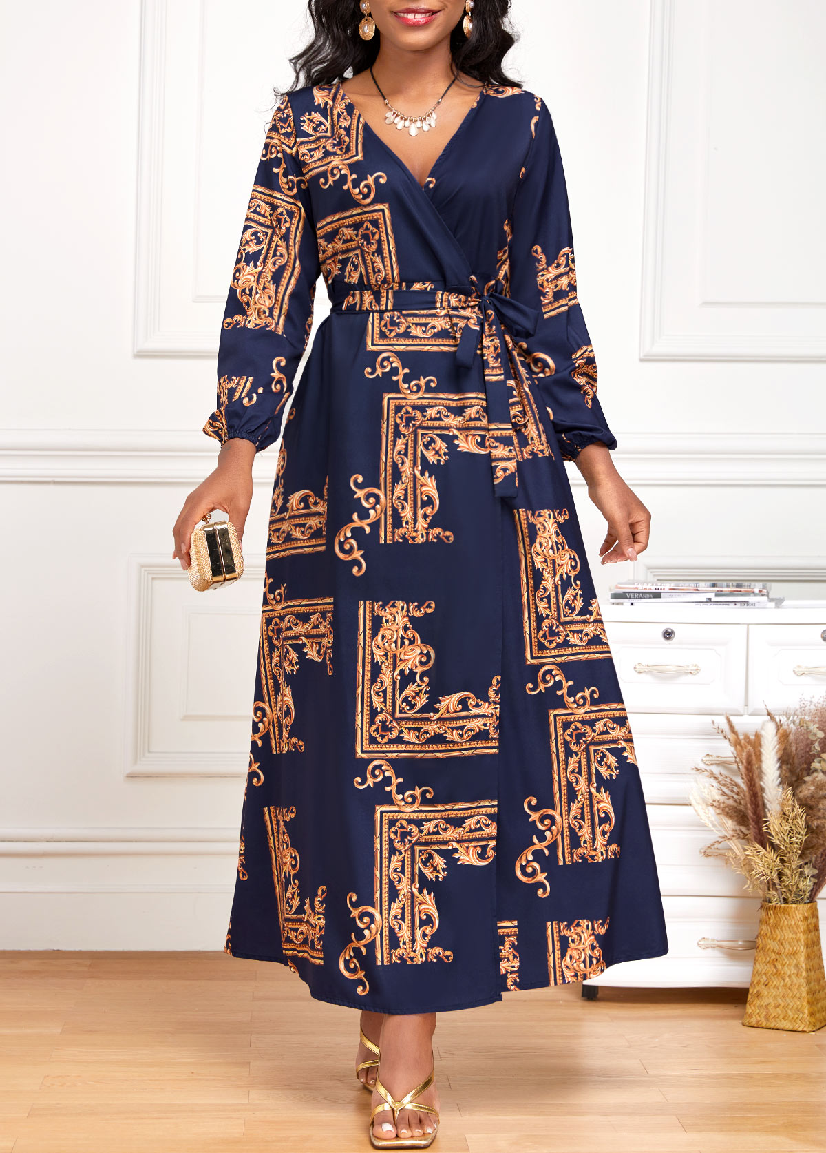 Baroque Print Criss Cross Belted Navy Maxi Dress