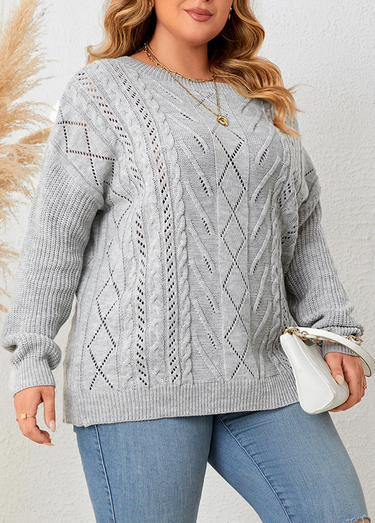 Grey Plus Size Asymmetry Long Sleeve Asymmetrical Neck Sweater