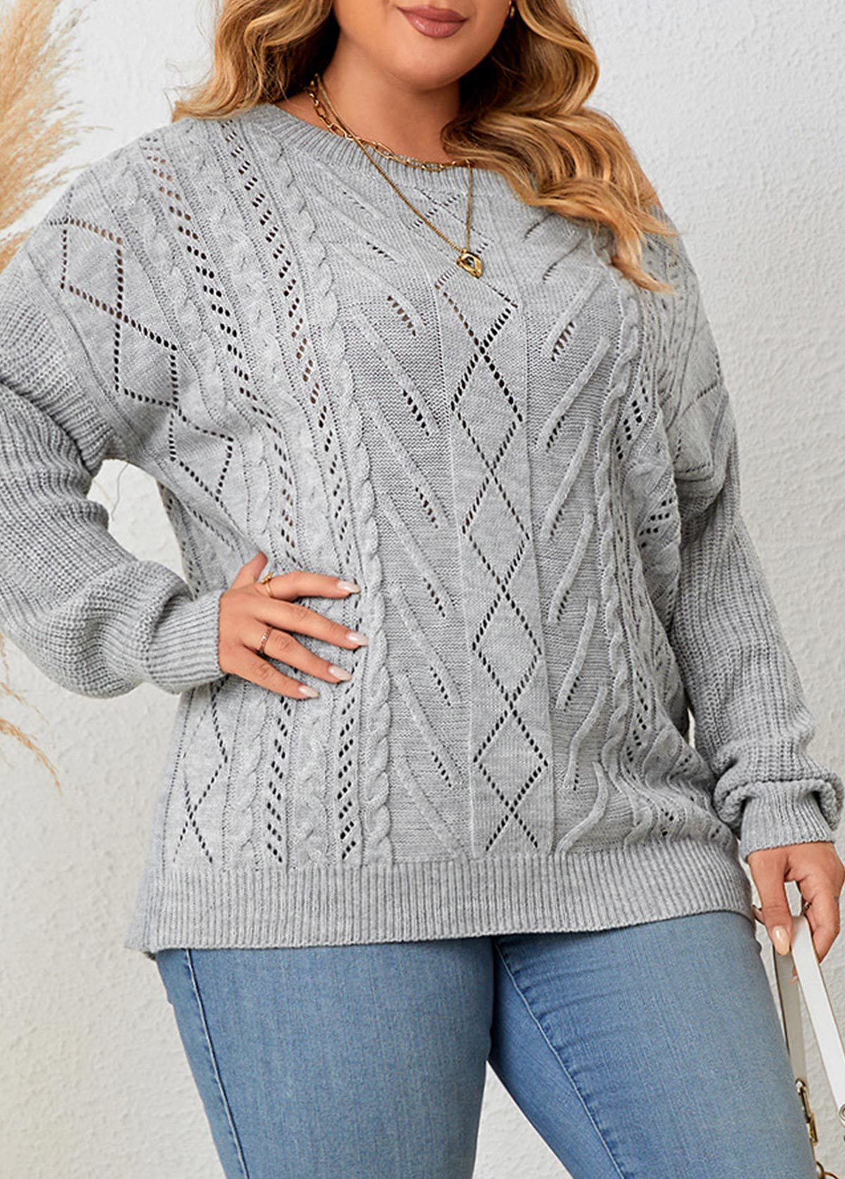 Grey Plus Size Asymmetry Long Sleeve Asymmetrical Neck Sweater