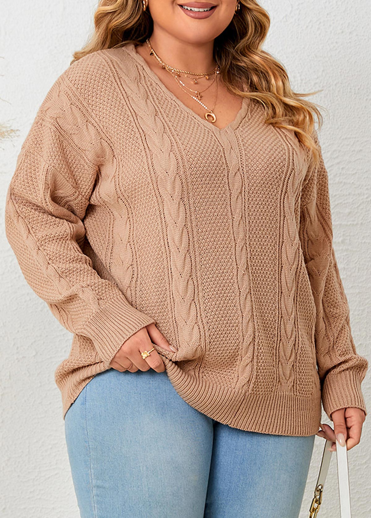 Light Coffee Plus Size Cable Long Sleeve Sweater