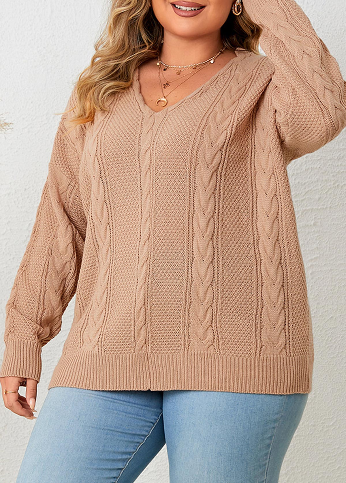 Light Coffee Plus Size Cable Long Sleeve Sweater
