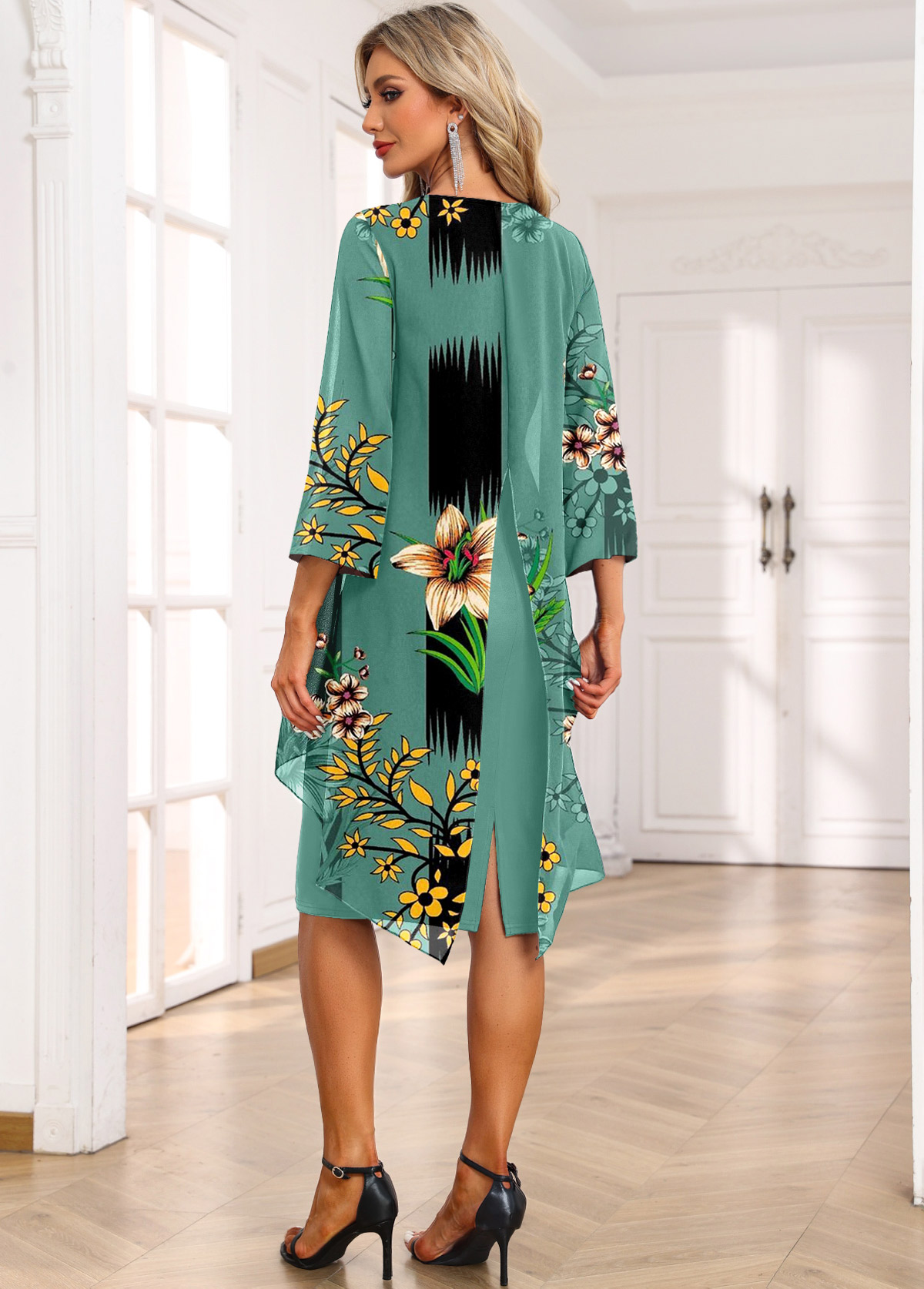 Floral Print Fake 2in1 Green High Low Dress