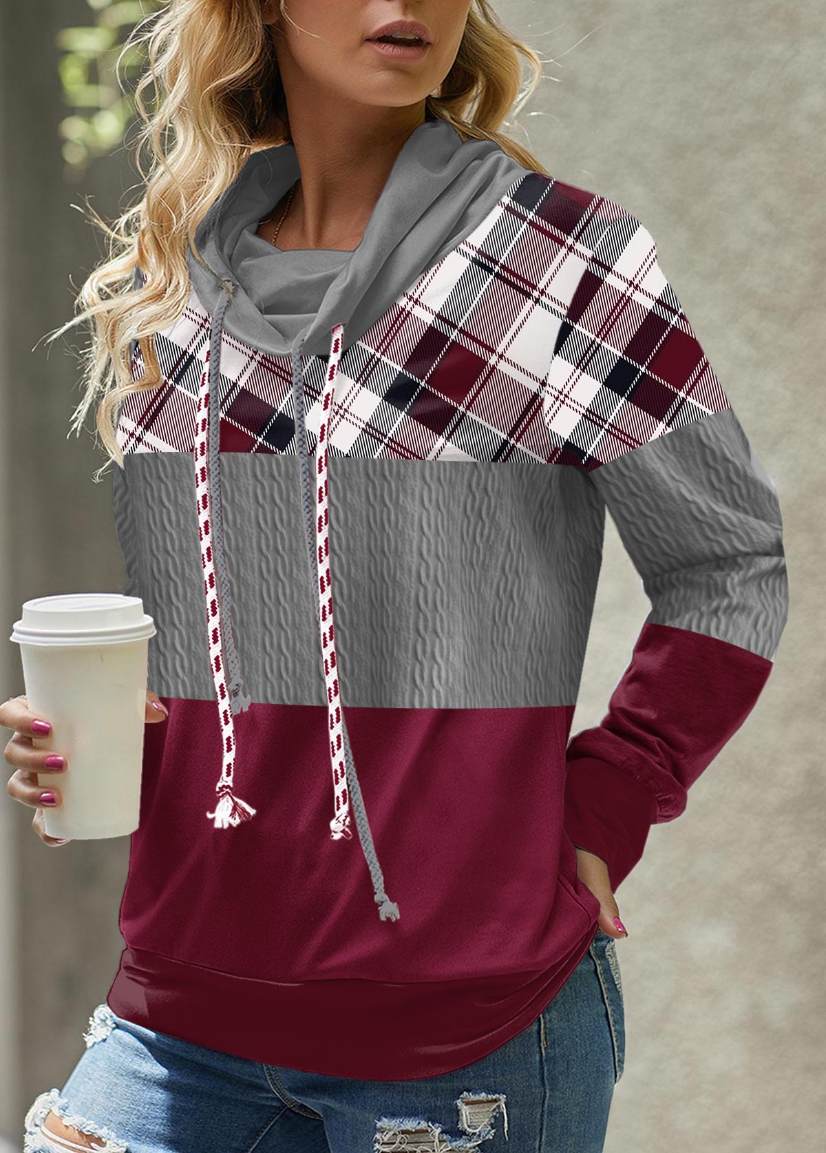 Threaded Pear Lauren Plaid Patchwork Long Sleeve Hooded Top main image 0