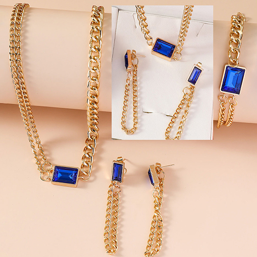 Blue Alloy Rectangle Earrings Necklace and Bracelet