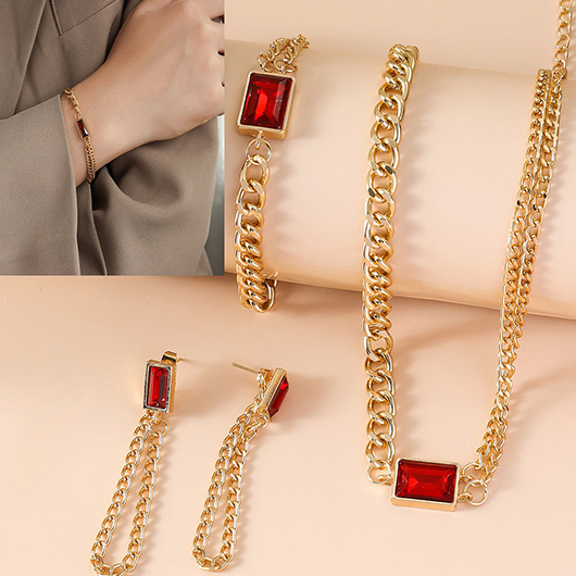 Red Alloy Rectangle Earrings Necklace and Bracelet