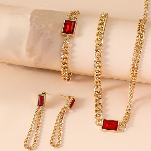 Red Alloy Rectangle Earrings Necklace and Bracelet
