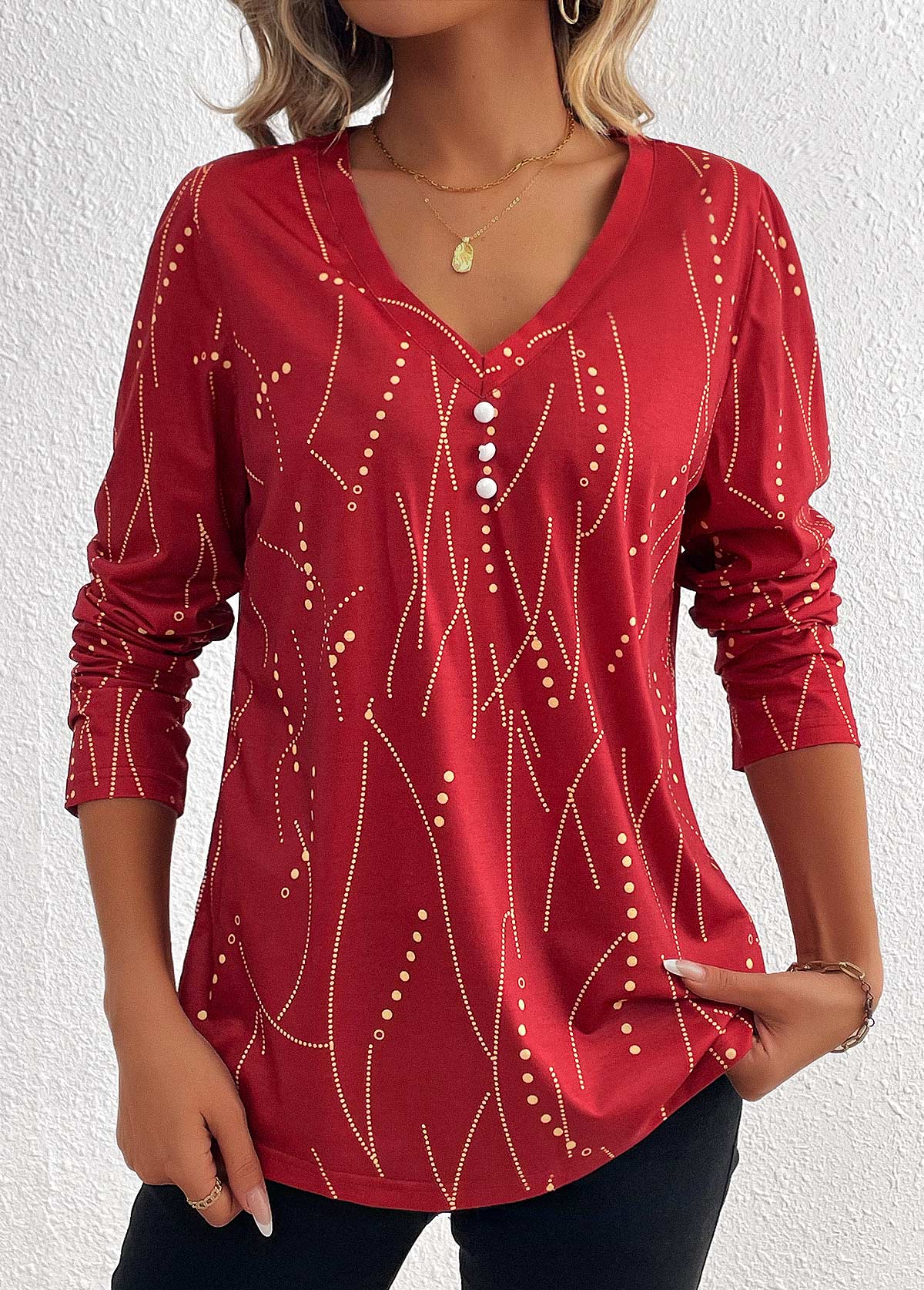 Geometric Print Button Wine Red Long Sleeve T Shirt