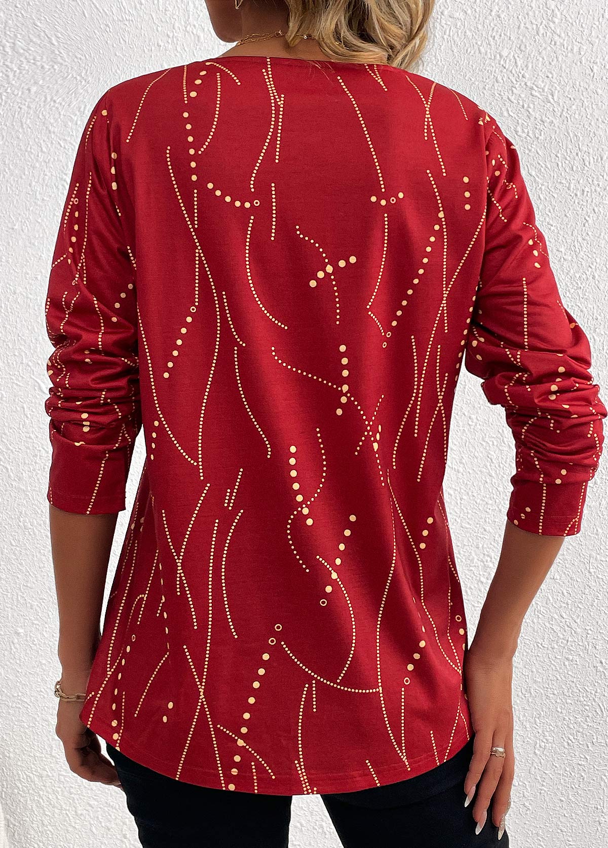 Geometric Print Button Wine Red Long Sleeve T Shirt