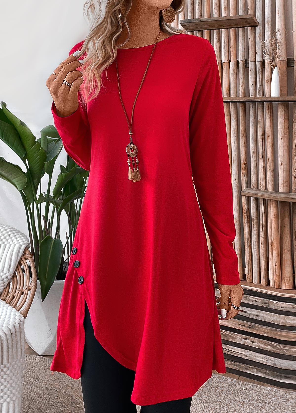 Button Red Short Long Sleeve Round Neck Shift Dress | Rosewe.com - USD ...