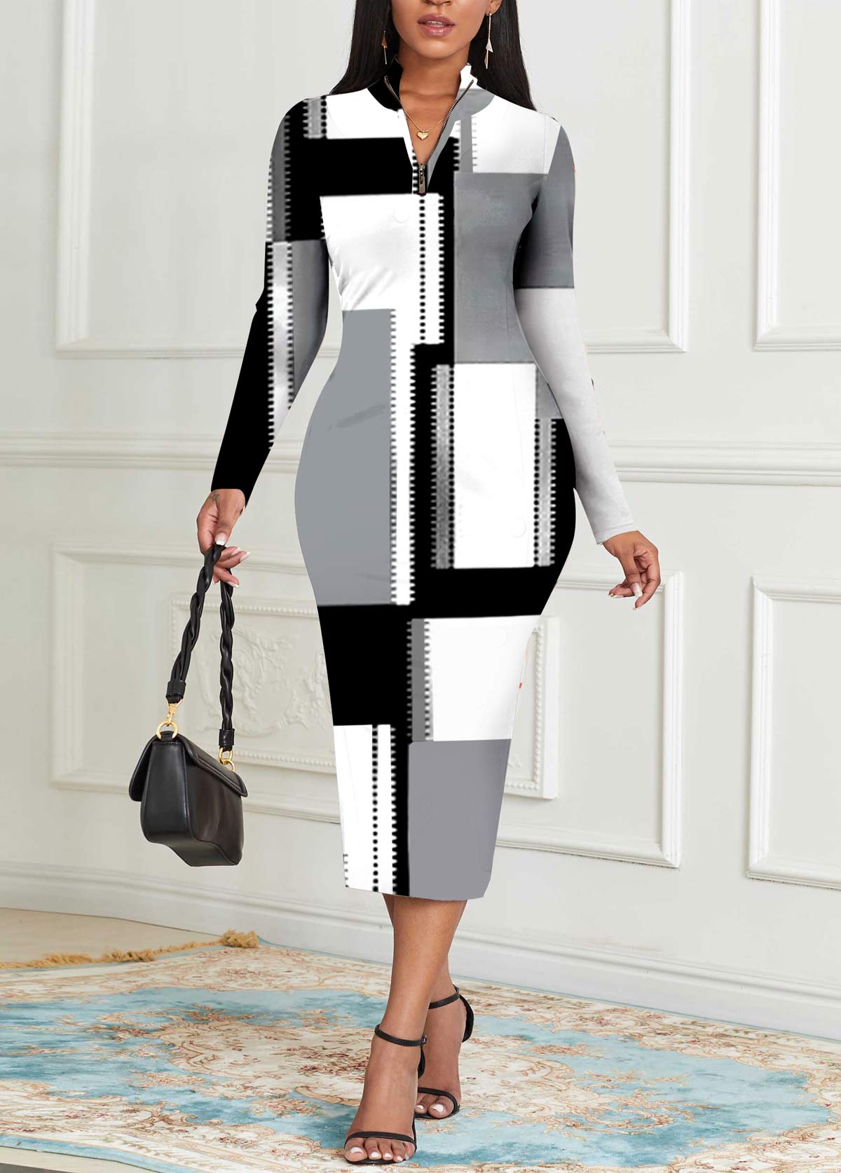 Geometric Print Zipper Grey Long Sleeve Bodycon Dress