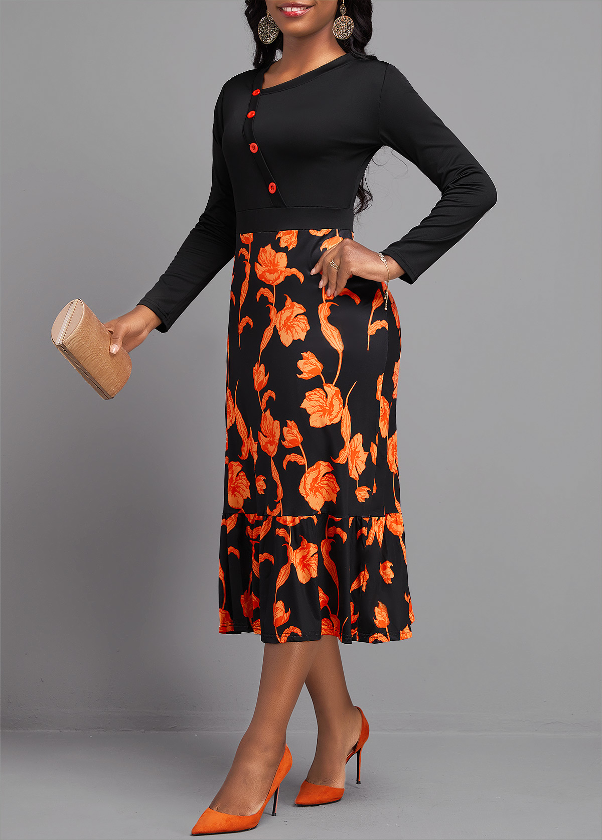 Floral Print Button Black Long Sleeve Asymmetrical Neck Dress | Rosewe ...