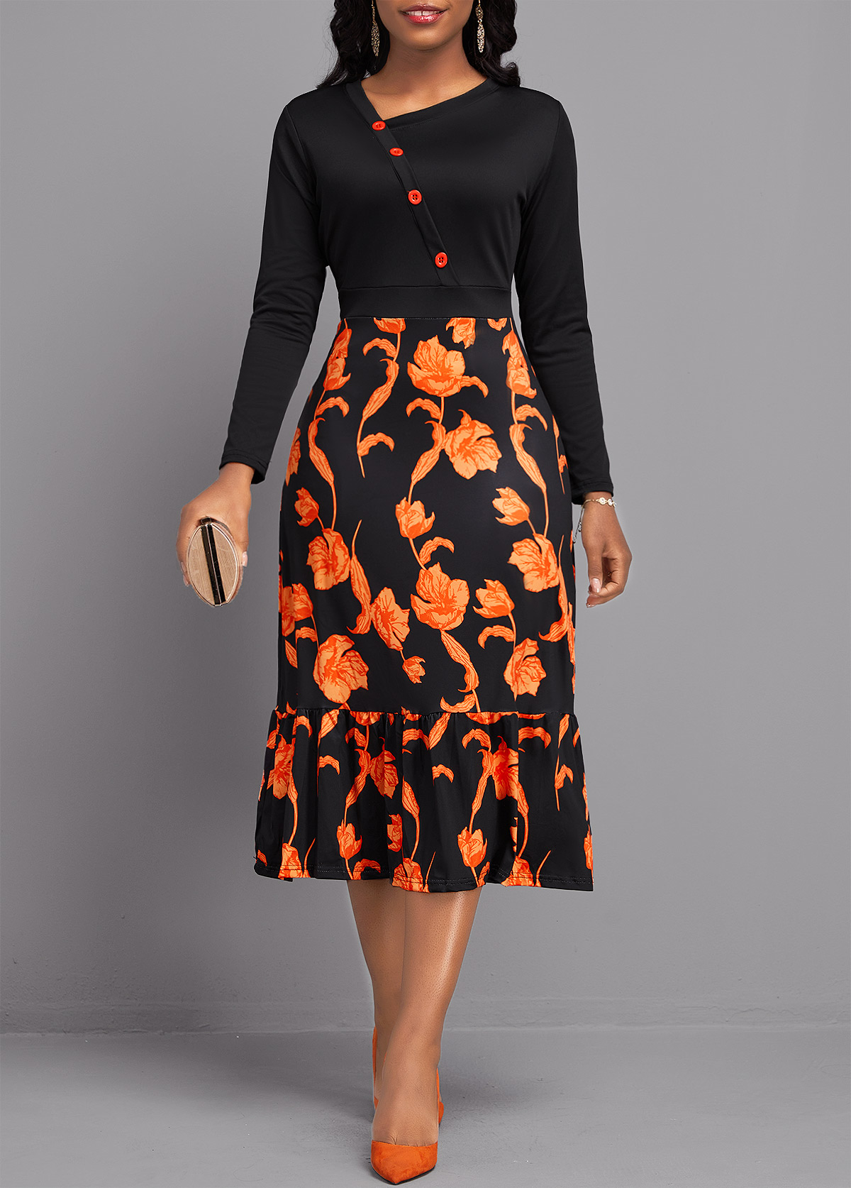 Floral Print Button Black Long Sleeve Asymmetrical Neck Dress
