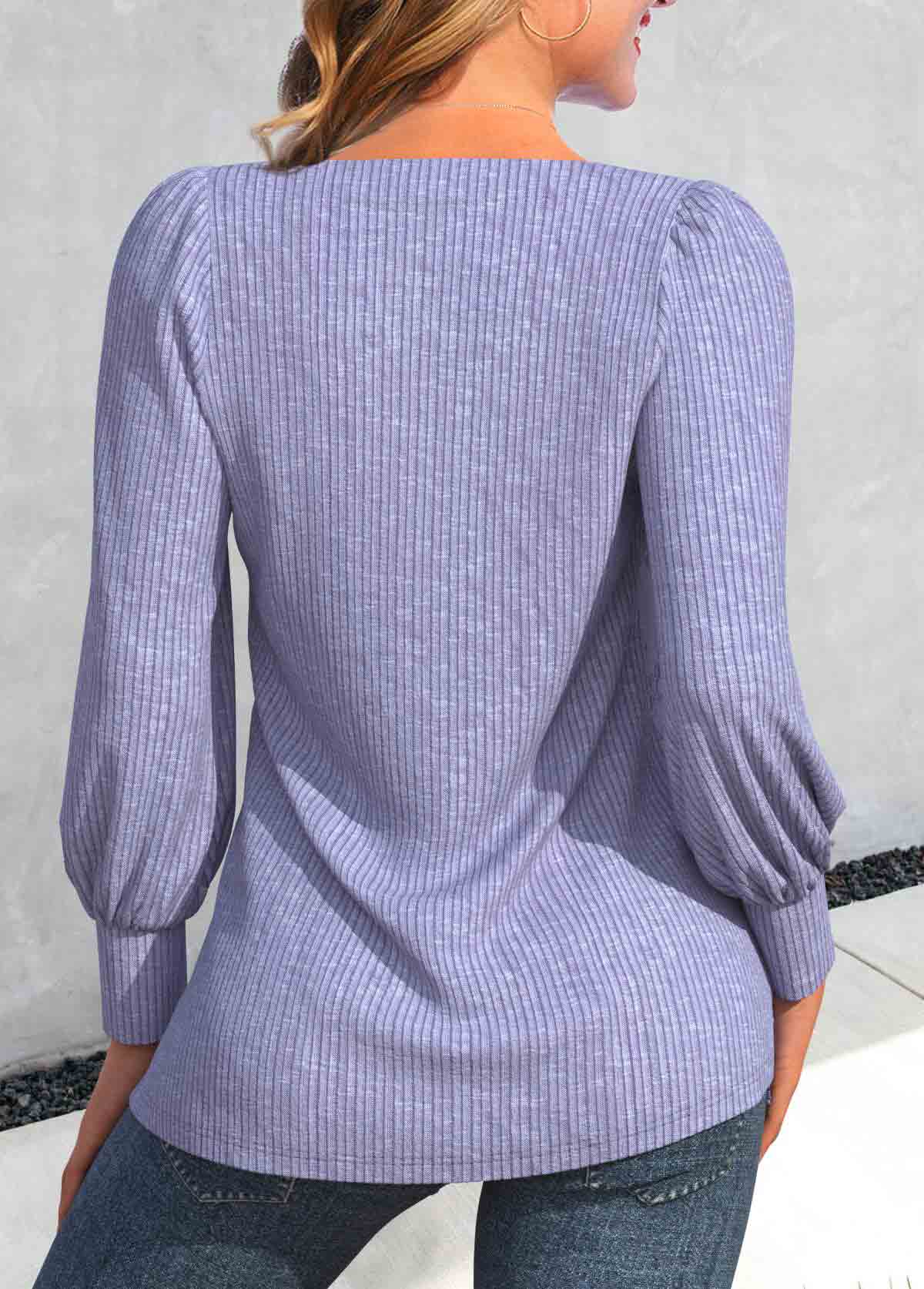 Lace Light Purple Long Sleeve Square Neck T Shirt