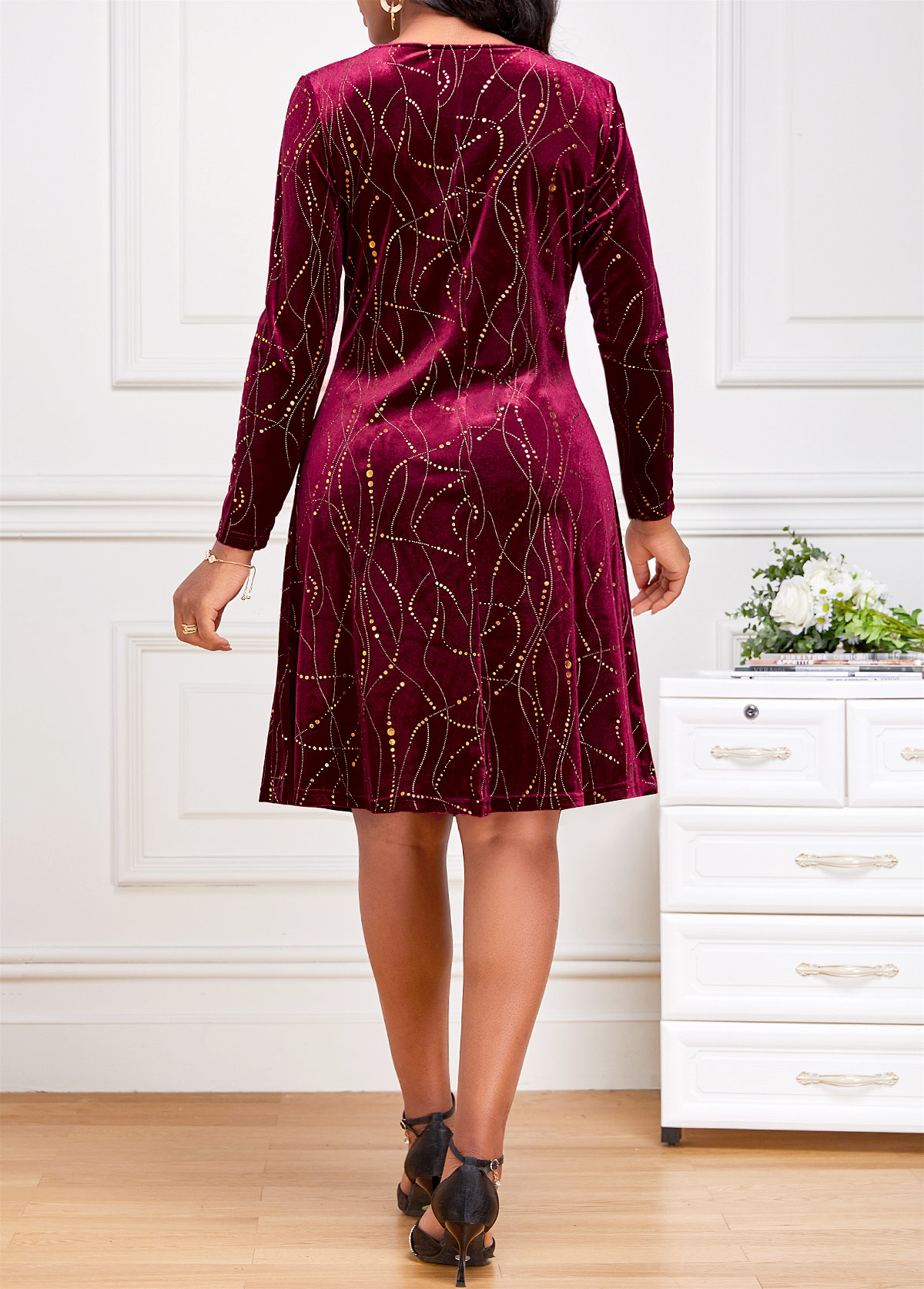 Geometric Print Velvet Wine Red Long Sleeve Dress