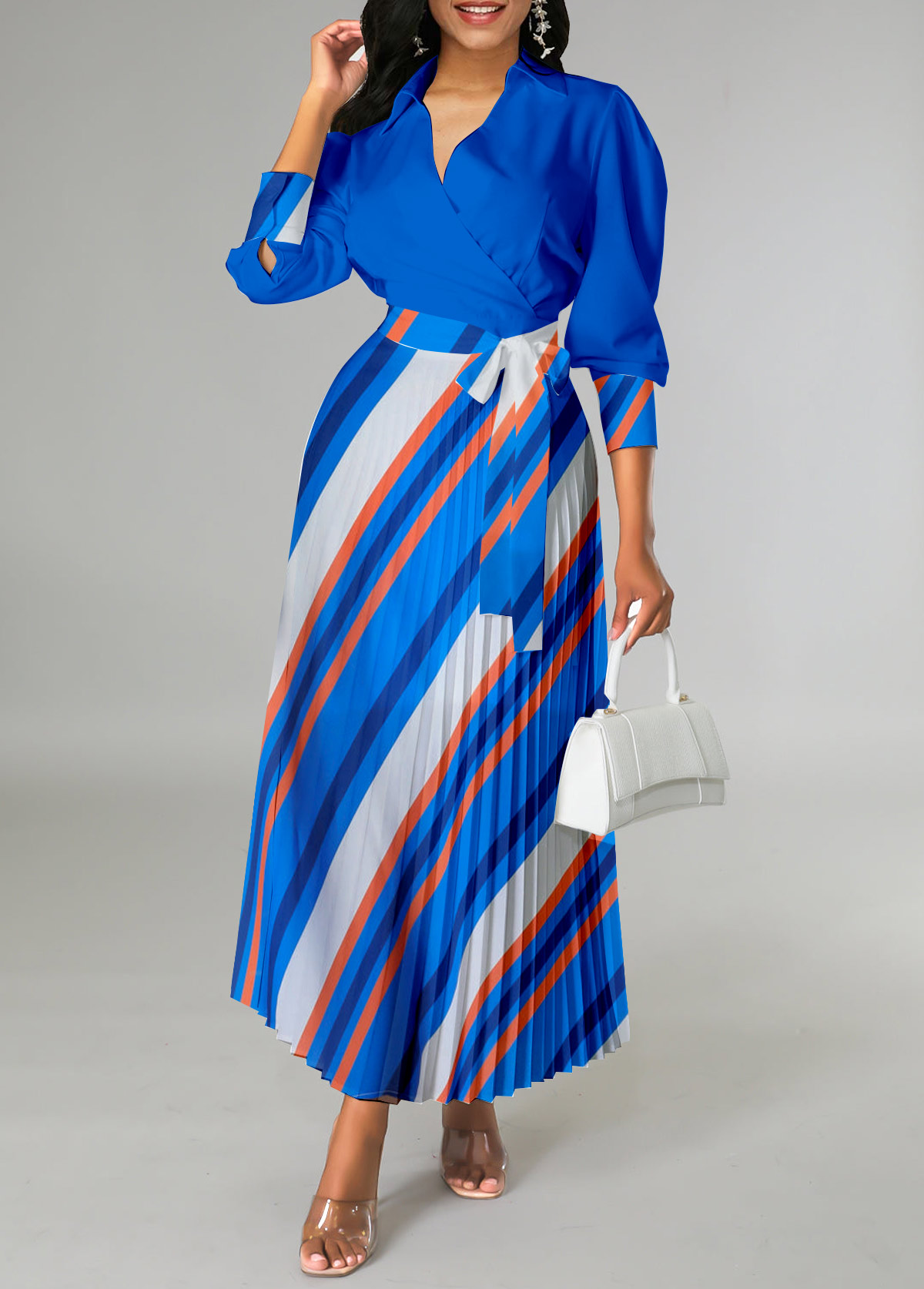 Striped Pleated Belted Royal Blue Cross Collar Dress