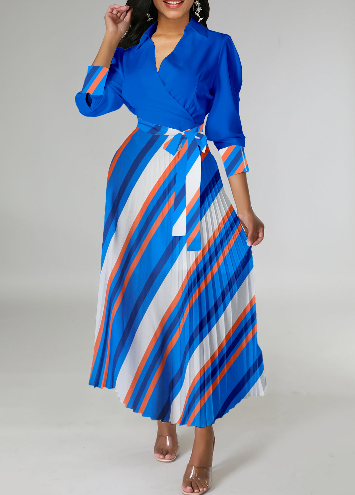 Striped Pleated Belted Royal Blue Cross Collar Dress
