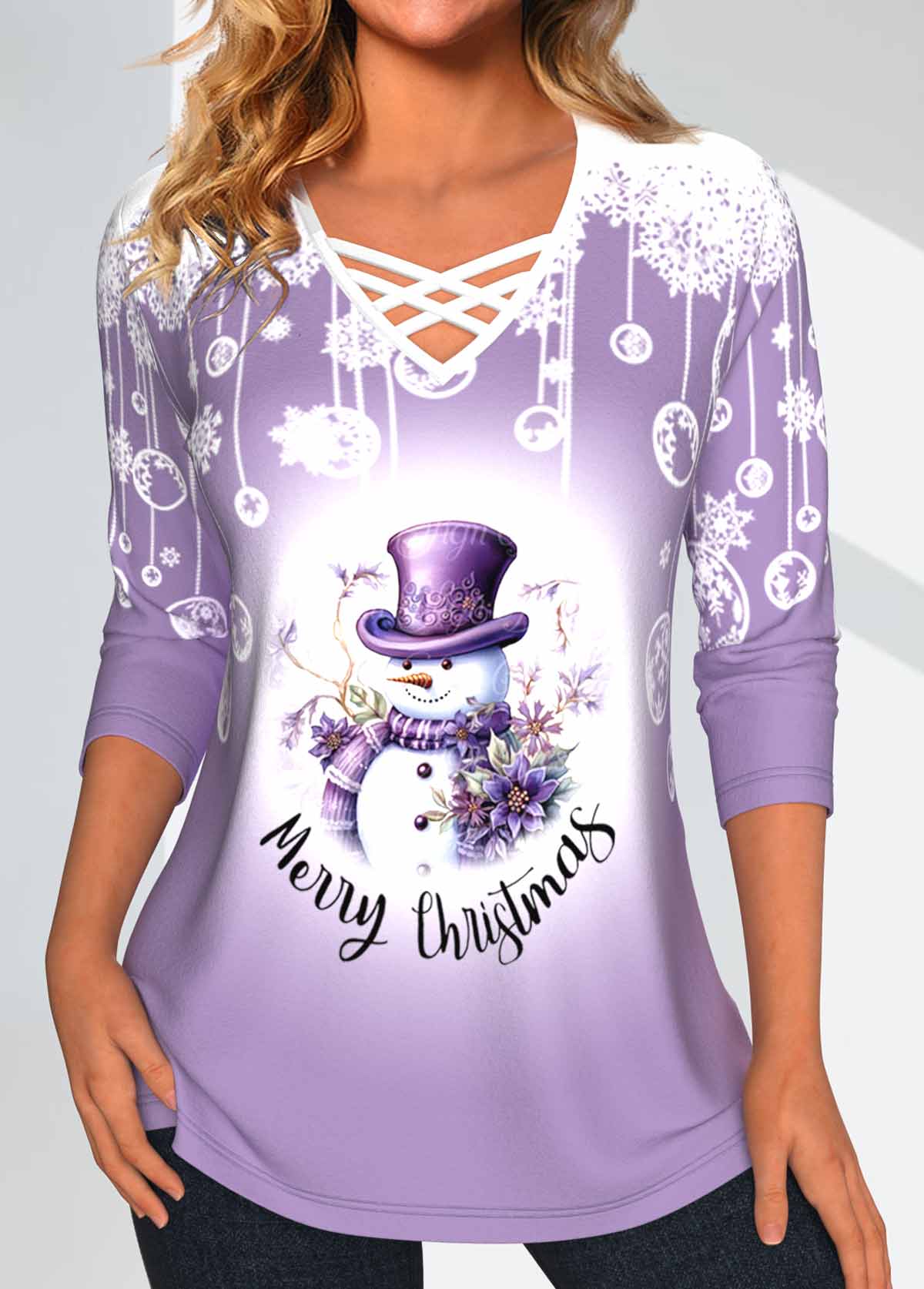 Christmas Snowman Print Criss Cross Light Purple T Shirt