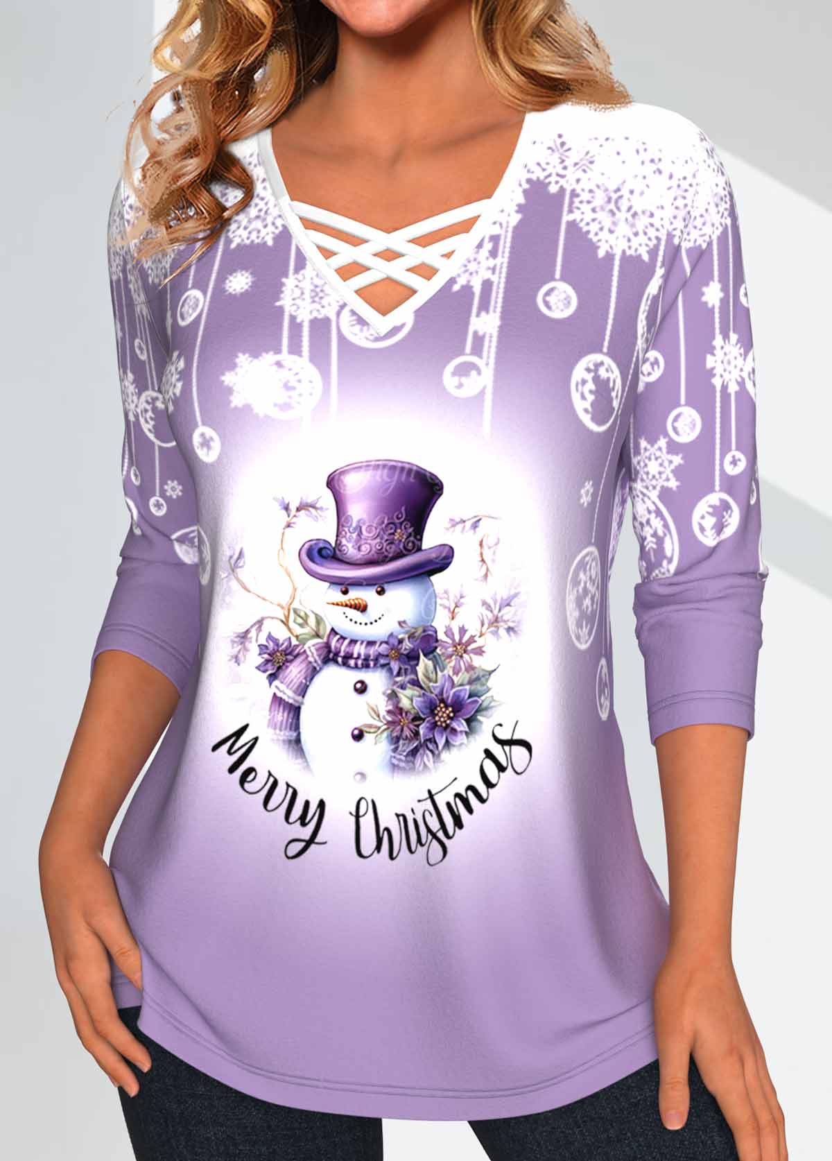 Christmas Snowman Print Criss Cross Light Purple T Shirt