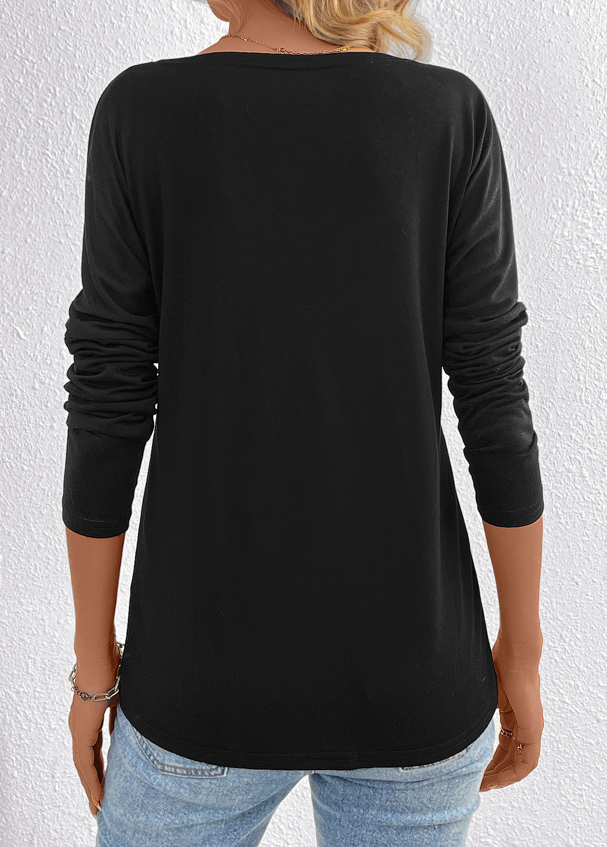 Geometric Print Patchwork Black Long Sleeve T Shirt