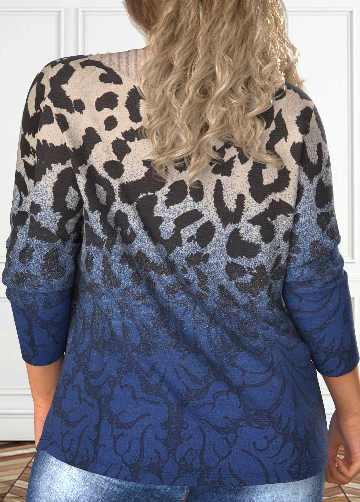 Dark Blue Plus Size Asymmetry Leopard T Shirt