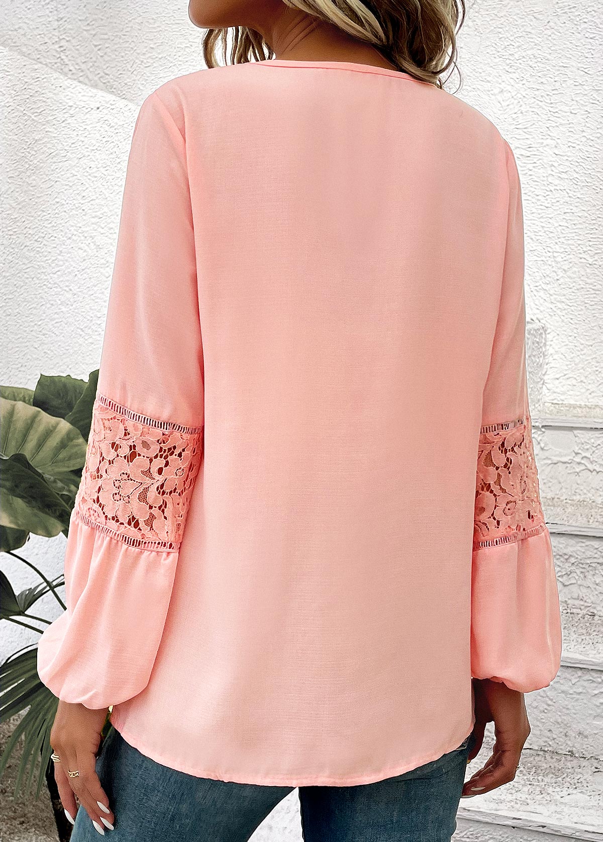 Patchwork Dusty Pink Long Sleeve Round Neck Blouse