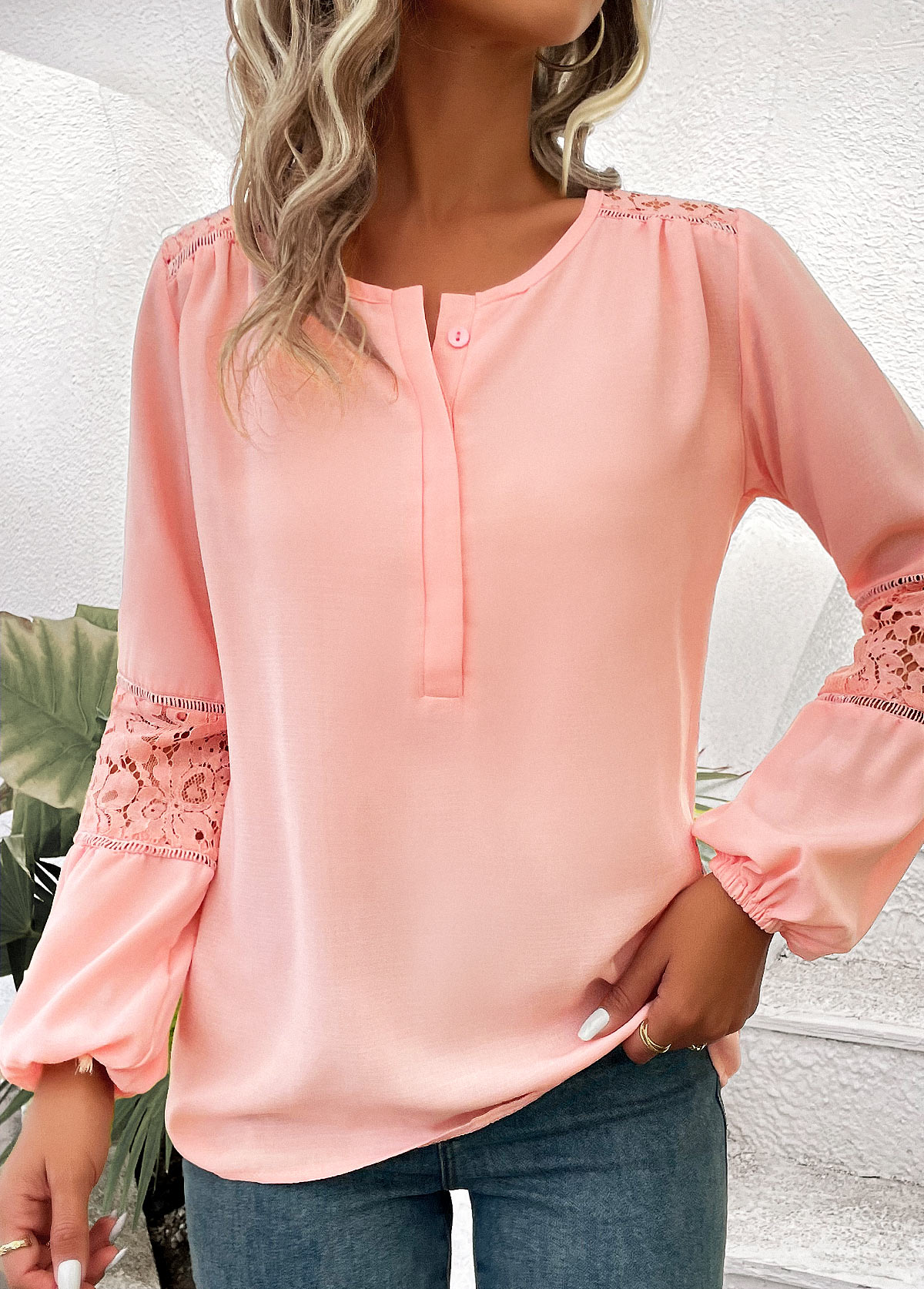 Patchwork Dusty Pink Long Sleeve Round Neck Blouse