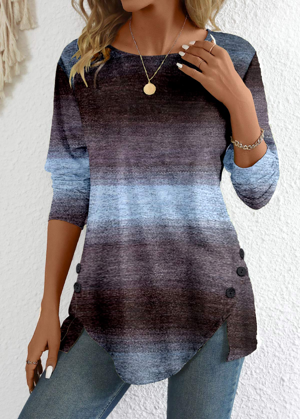 Ombre Patchwork Long Sleeve Round Neck T Shirt