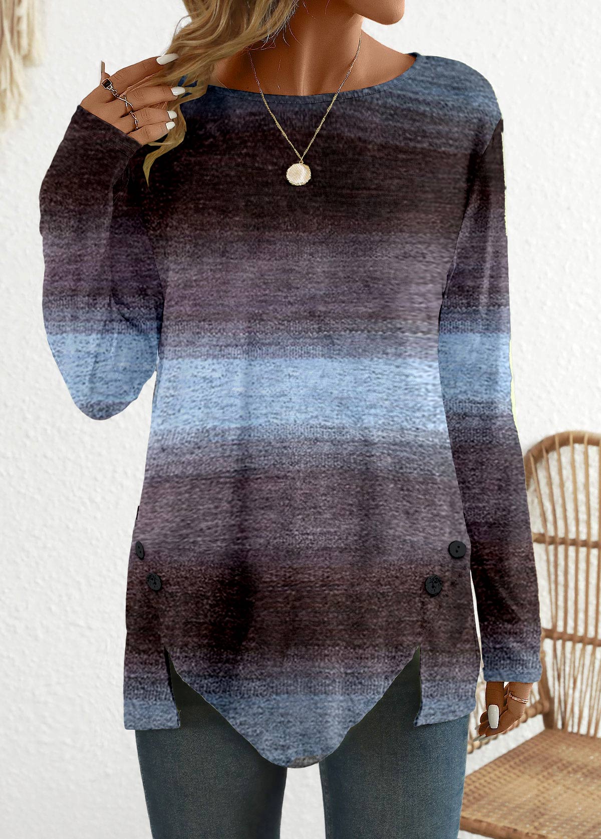 Ombre Patchwork Long Sleeve Round Neck T Shirt