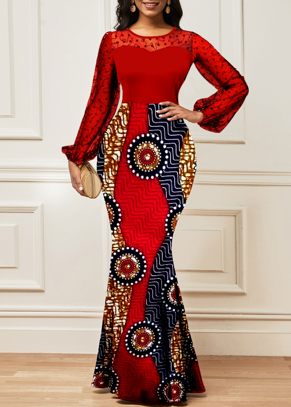 Tribal Print Lace Red Long Sleeve Maxi Bodycon Dress