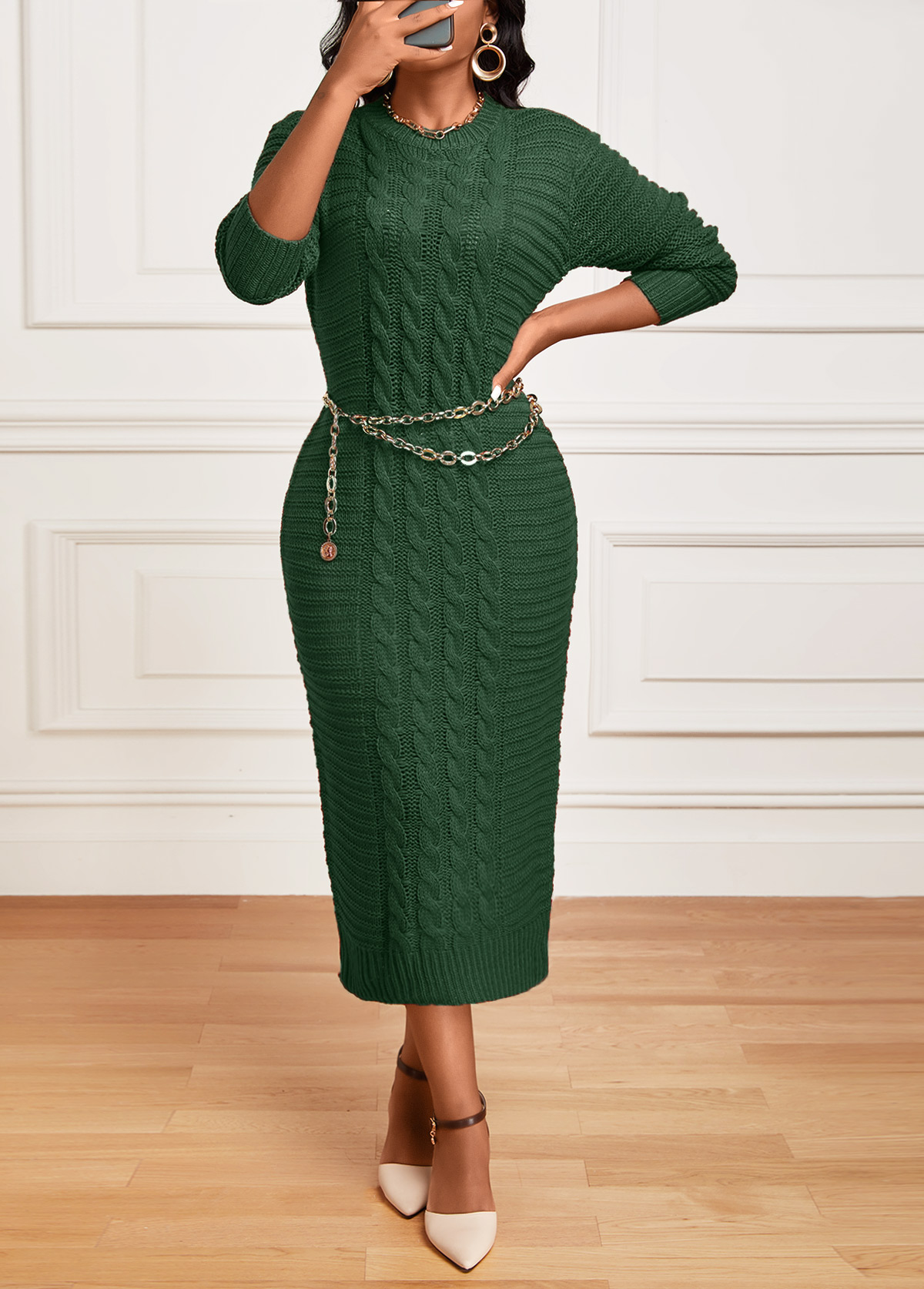 Twisted Green Long Sleeve Round Neck Dress