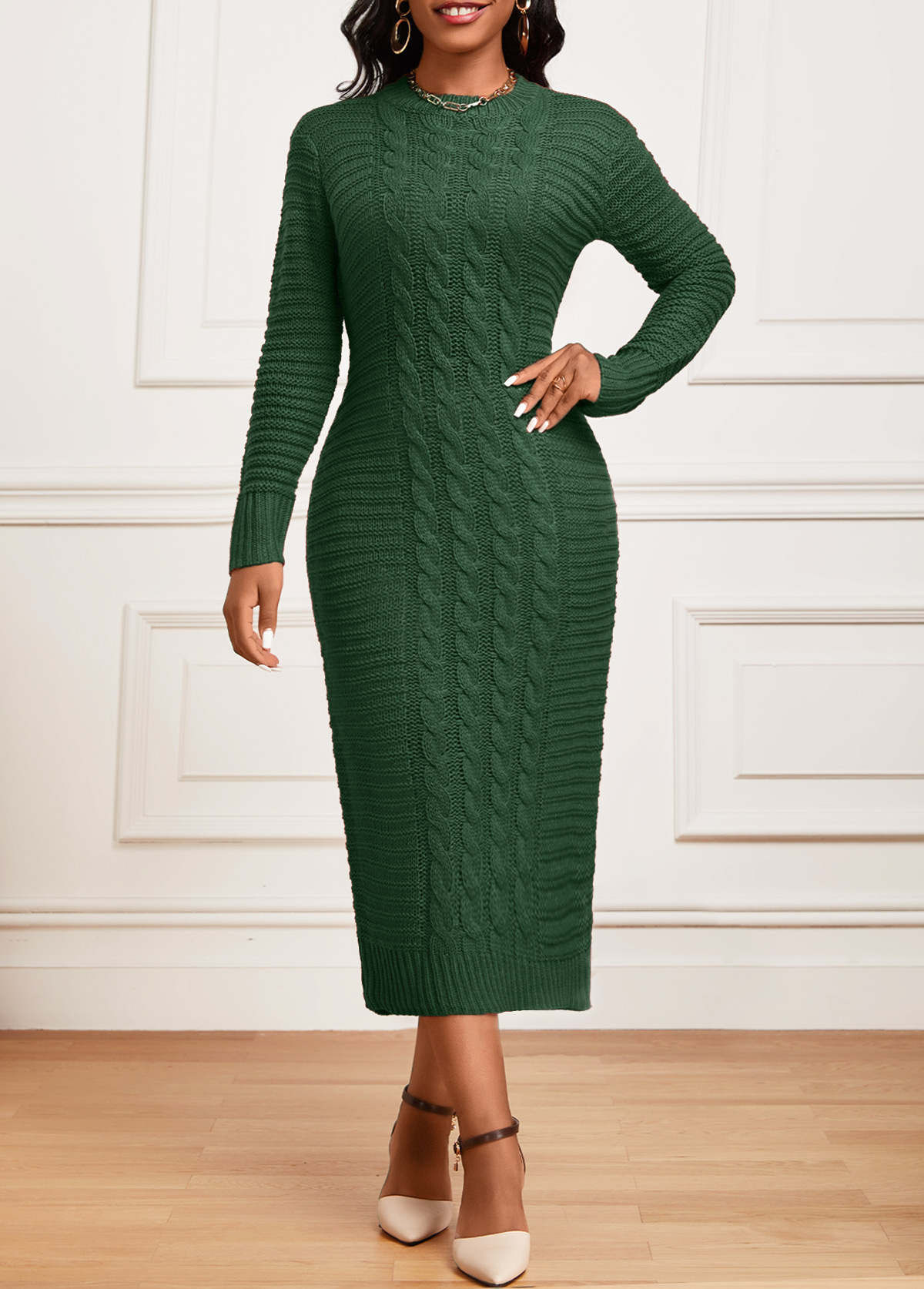 Twisted Green Long Sleeve Round Neck Dress