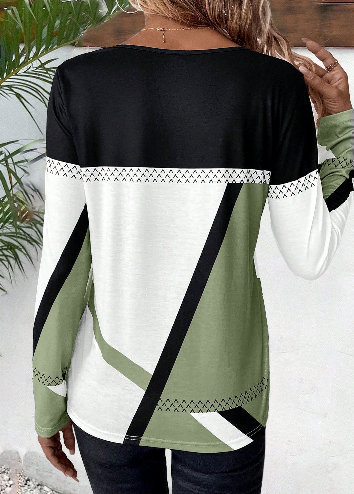 Geometric Print Patchwork Avocado Green Long Sleeve T Shirt