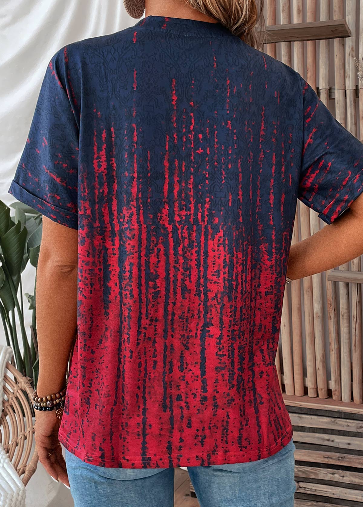 Ombre Button Wine Red Short Sleeve T Shirt
