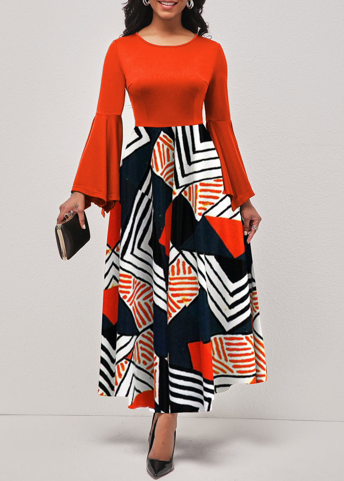 Geometric Print Hanky Sleeve Orange Cold Shoulder Dress