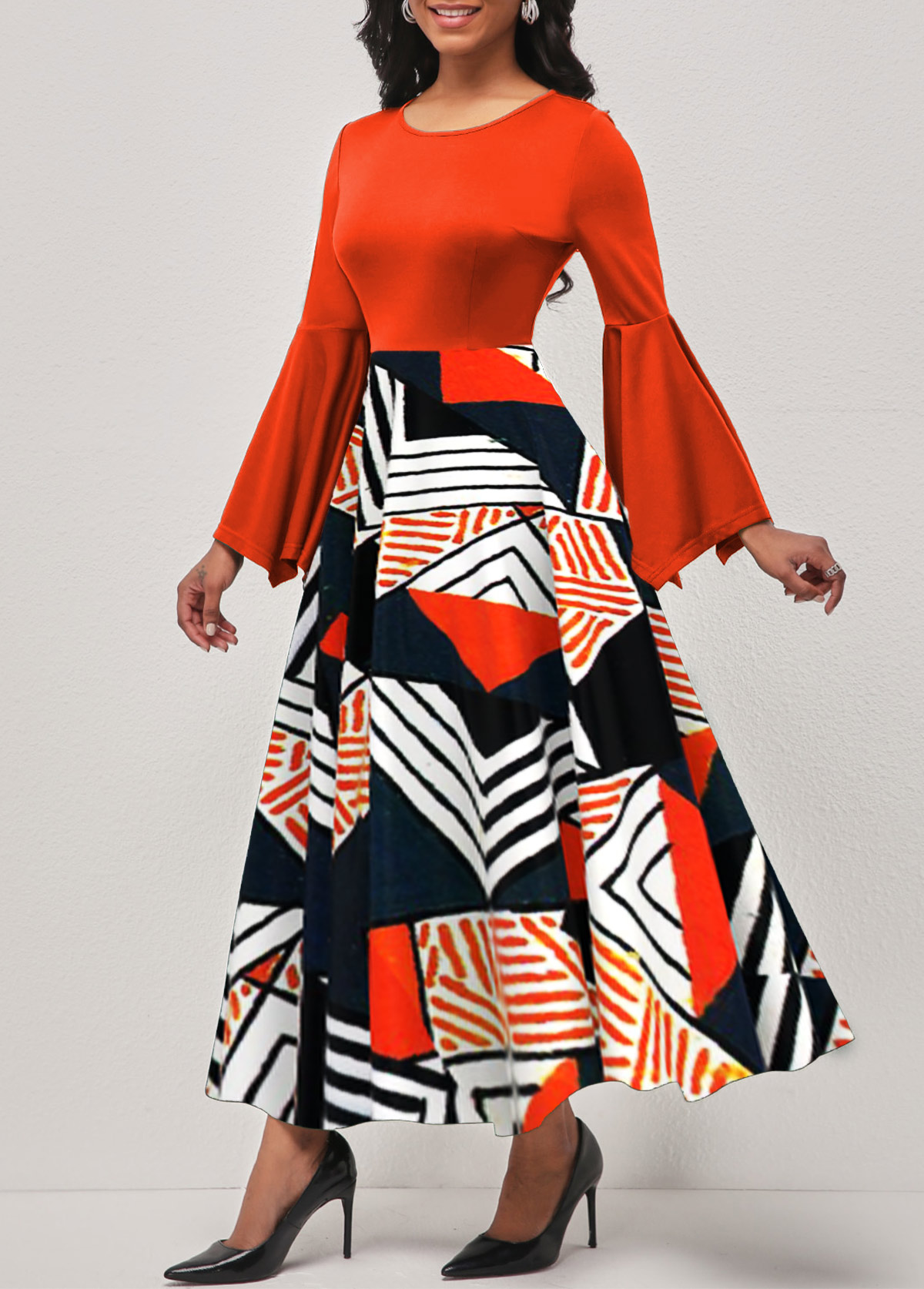 Geometric Print Hanky Sleeve Orange Cold Shoulder Dress