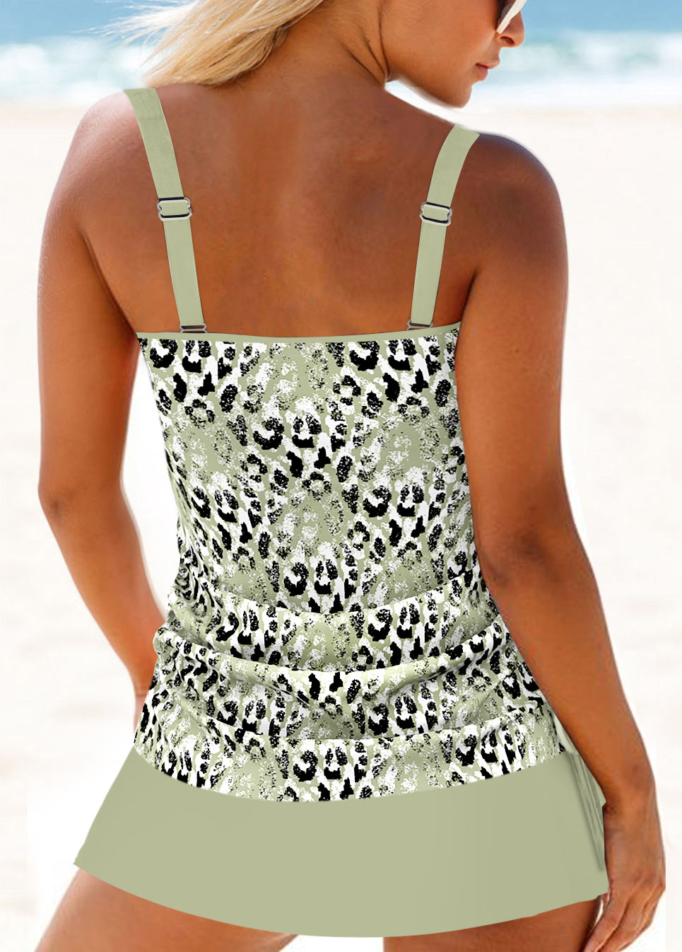 Mid Waisted Leopard Ruched Sage Green Tankini Set