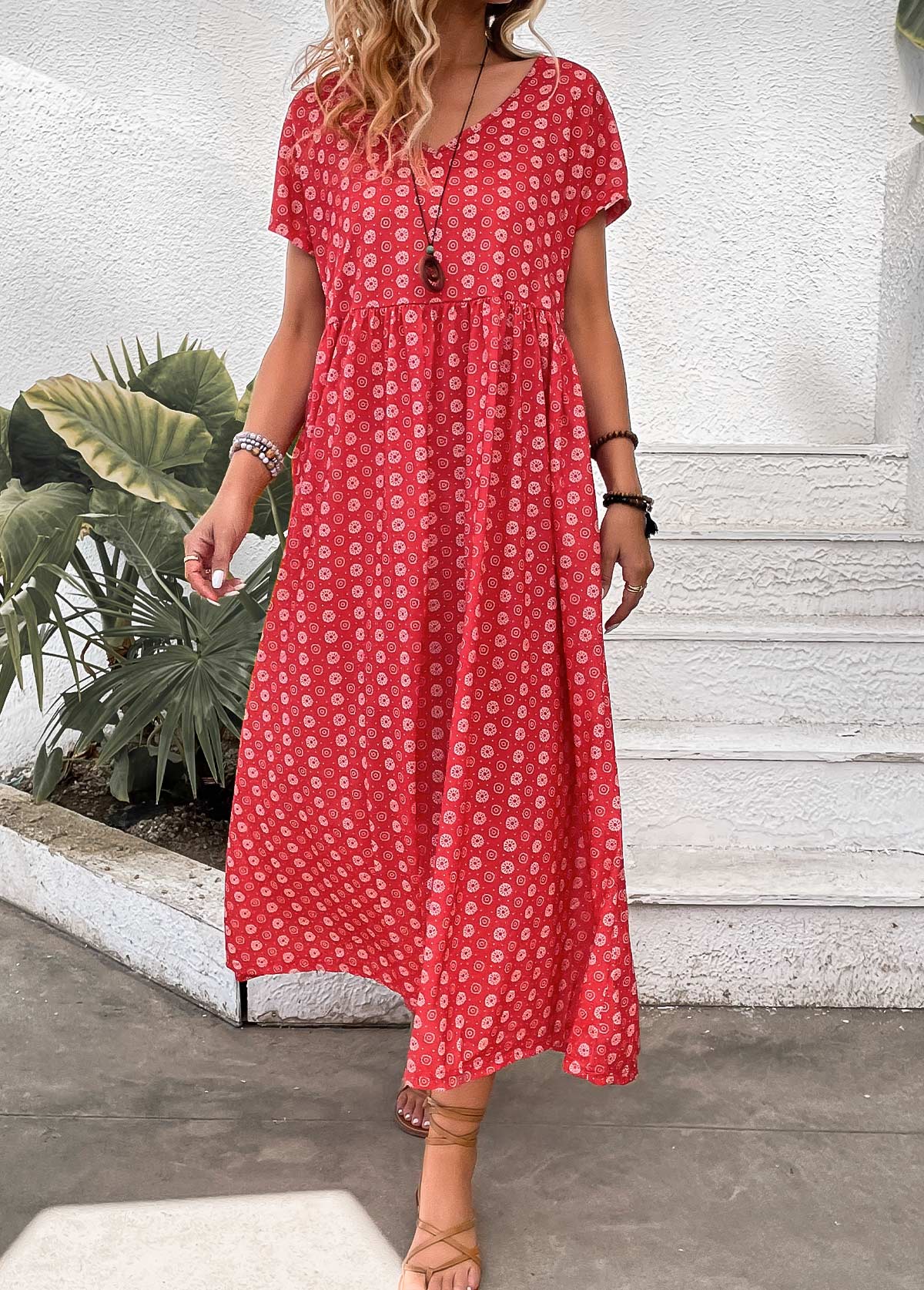 Geometric Print Pocket Red Maxi A Line Dress