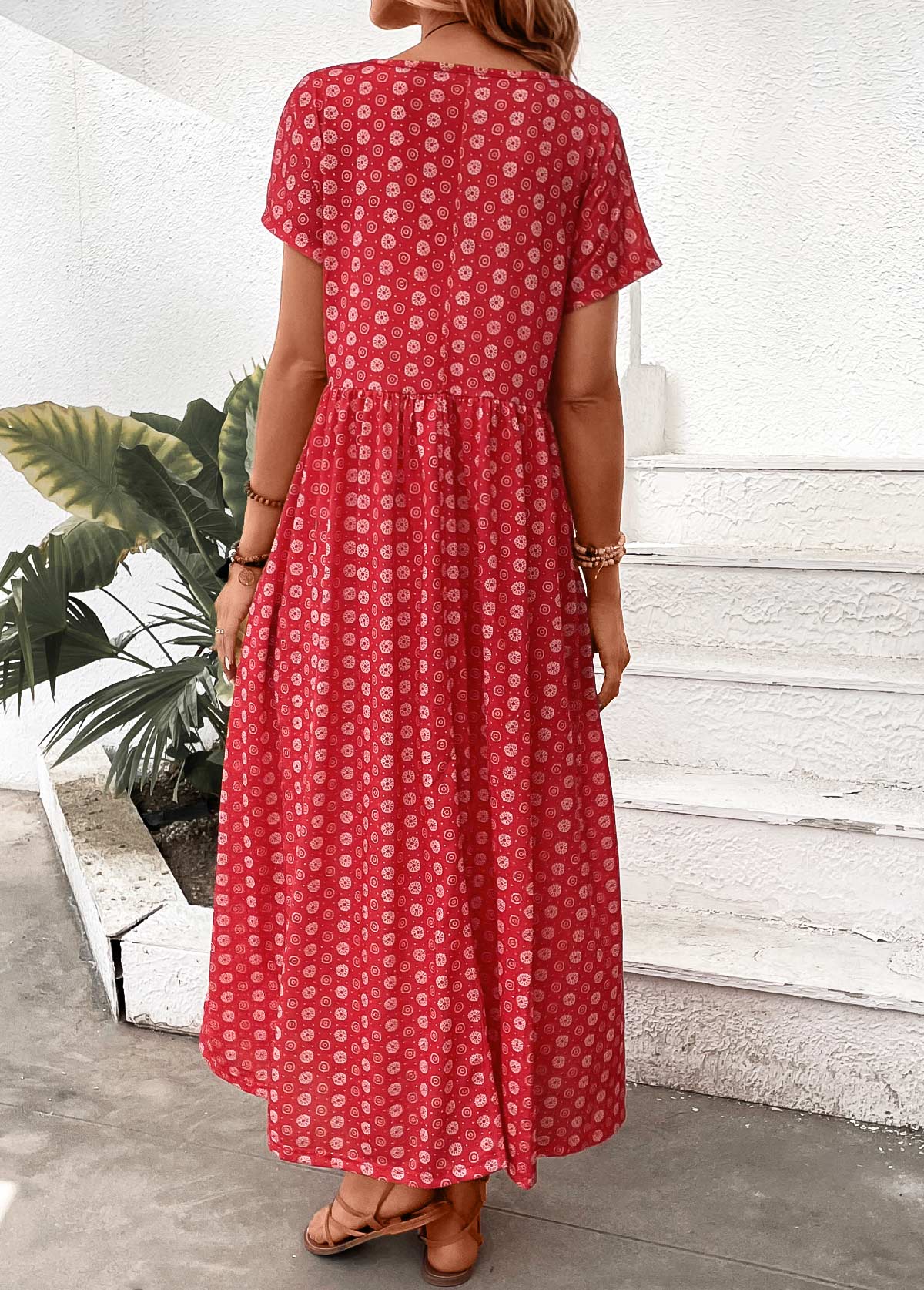 Geometric Print Pocket Red Maxi A Line Dress