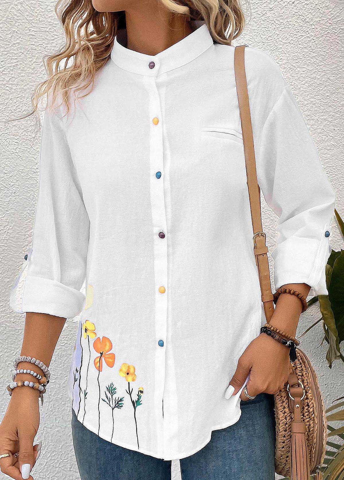 Floral Print Button White Long Sleeve Stand Collar Blouse