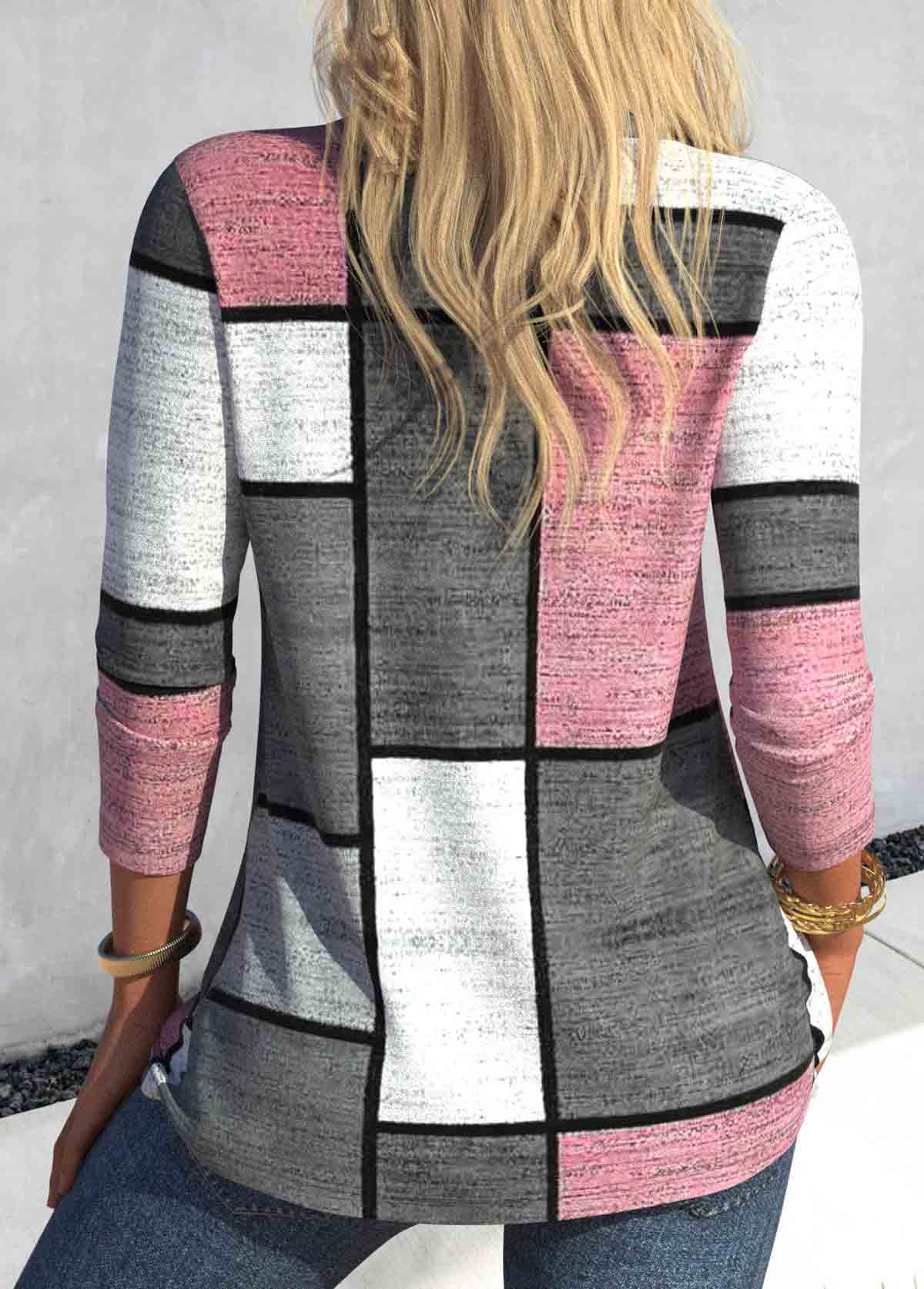 Geometric Print Button Pink Long Sleeve T Shirt